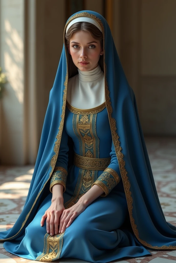 Wearing a hijab. Luxury hijab. Blue eyes. Blonde hair. About 17 years old. (Blonde). Masterpiece. Best quality. High resolution 8K. ((Portrait)) (Upper body). Original photo. Real photo. Digital photography. (Female princess in medieval fantasy style.) Sexy princess. Blue eyes. Very big breasts. Big round breasts. Open kissing lips. Your mouth is smiling and charming. ((Blushing)) Insulting virgin. Calm and handsome. (Medieval fantasy costume. Beautiful big round breasts. Small waist. Perfect big breasts of the princess body. Delicate blue pattern. Silver cloak.) (Medieval prince character. Medieval fantasy style. Reflective texture. oc render. Fighting style. Sexy garden face. Medieval castle background. Slender body. Very small waist.