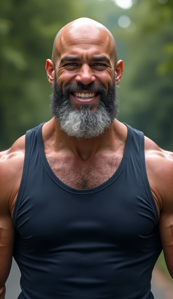 black old man, white  hair, muscled body, amber eyes, extremely sexy, wearing no shirt, smiling smugly, hairy chest, sex symbol, appealing, thin white beard, defined jaw, six pack abs, rectangular face, double chin, thick lips, stylish haircut.