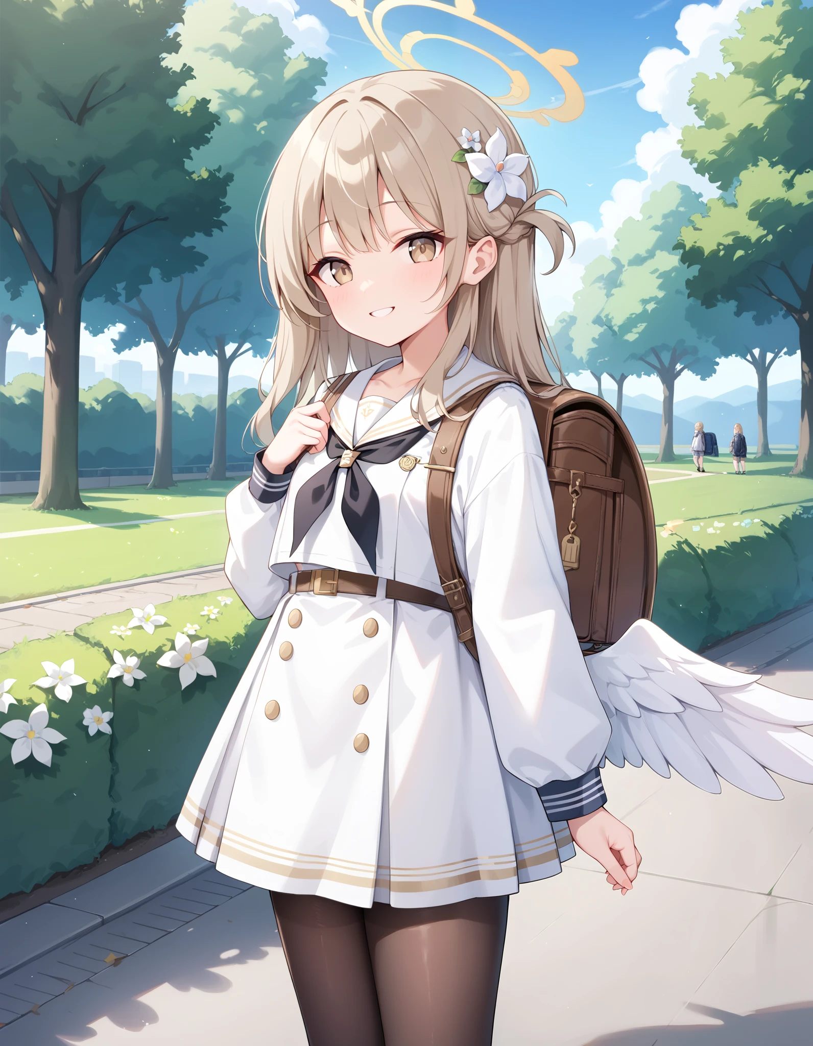 Masterpiece, hd, best quality, hifumi, blue archive, smile, light brown eyes, sailor collar, white dress, long sleeves, neckerchief, black pantyhose, capelet, halo,shiny halo, long hair, light brown hair, flower hair ornaments, feathers, feathered wings, angel wings, white sailor collar, white wings, black neckerchief, wearing belt, light brown belt, Standing, outdoor, park, tall body, wearing randoseru backpack, brown backpack 