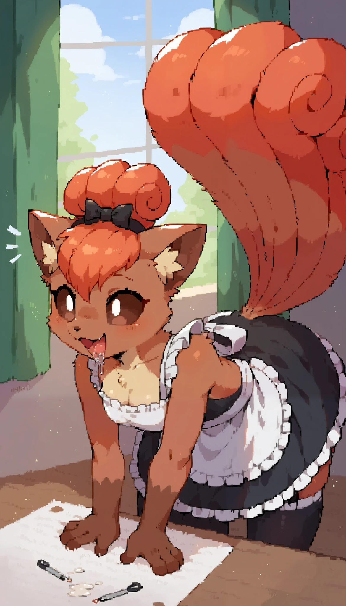 score_9, score_8_up, rating_Explicit, anthro,(furry, anthro:1.2) (detailed fluffy fur), solo, female,, vulpix , cute, pokemon,(small breasts), ,breasts, cute, cute eyes, cute head, ), (beautifully detailed face, oily shiny skin), (detailed eyes, sharp eyes, clear pupils:0.8), masterpiece, happy, hands empty, smile,mouth, background living room,house,dressed, wear maid outfit, Fellatio, bending over, sucking on her human trainer's huge wide hard throbbing cock, nsfw, lewd