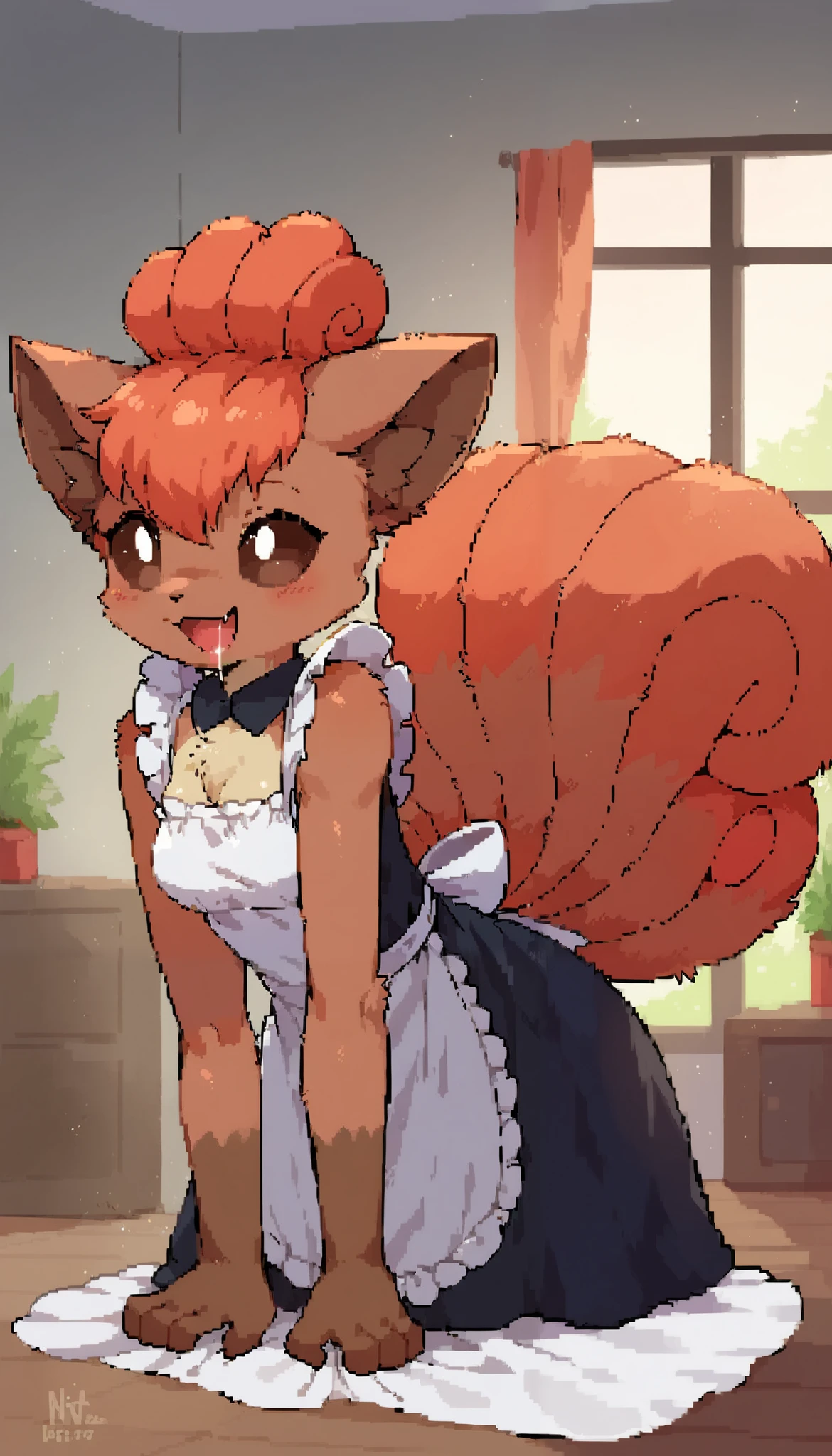 score_9, score_8_up, rating_Explicit, anthro,(furry, anthro:1.2) (detailed fluffy fur), solo, female, vulpix, cute, pokemon, (small breasts), breasts cute, cute eyes, cute head, (beautifully detailed face, oily shiny skin), (detailed eyes, sharp eyes, clear pupils:0.8), masterpiece, happy, hands empty, smile, mouth, background living room, house, dressed, wear maid outfit, apron stockings, Fellatio, bending over, deepthroating on her human trainer's huge wide hard throbbing cock, nsfw, lewd, saliva, thirsty for cum