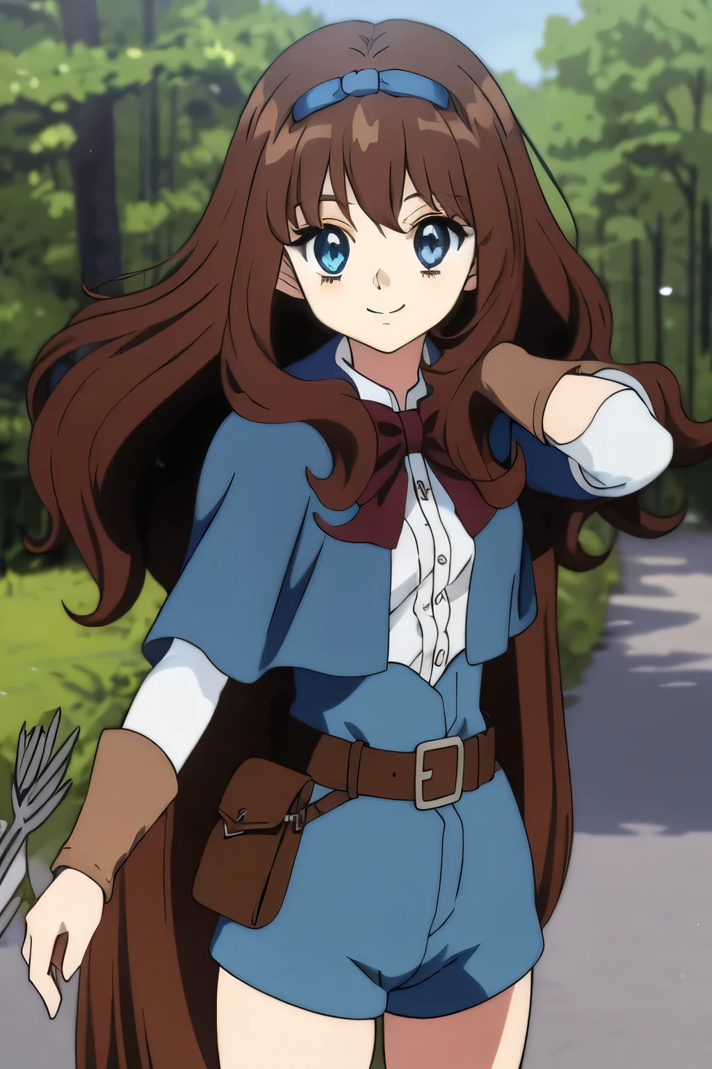 Ai shindou, masterpiece, Best Quality, Elf ,long hair, floating hair, brown hair, blue sea eye, deeper eyes, elf ears, hoods, blue cloak, blue lightly tunic, gloves, Belt bag, blue shorts, Cowboy Shot, cute smile, forest, Looking at Viewer,Hold the bow and arrow