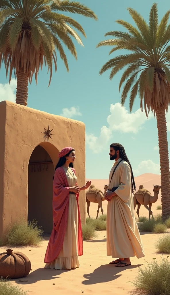 A man from biblical times wearing robes with two blue-eyed girls wearing clothes from biblical times in an oasis of desert palm trees