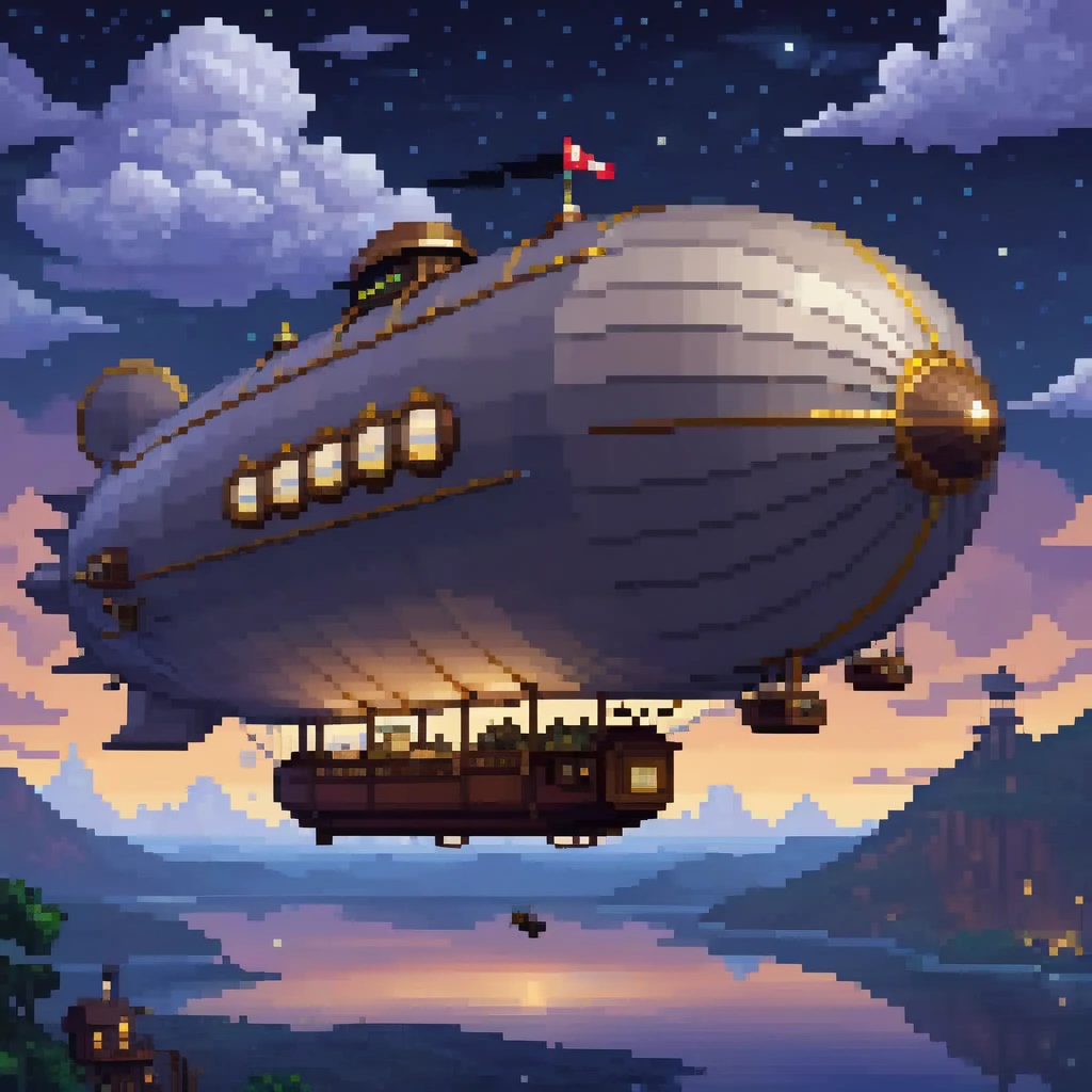 pixel art, 1 a dirigible airship adventure, night, clouds, stars