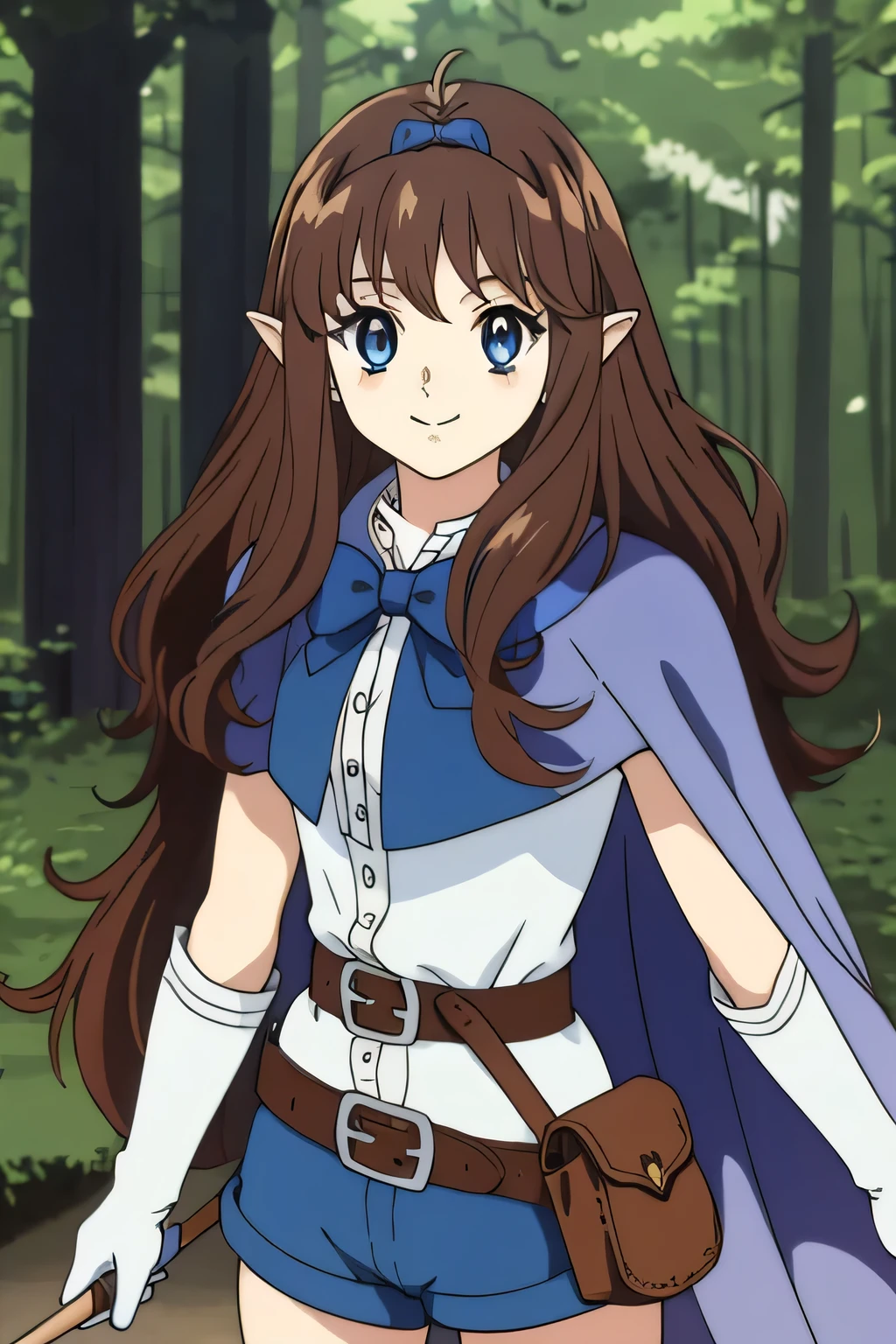 Ai shindou, masterpiece, Best Quality, Elf ,long hair, floating hair, brown hair, blue sea eye, deeper eyes, elf ears, hoods, blue cloak, blue lightly tunic, gloves, Belt bag, blue shorts, Cowboy Shot, cute smile, forest, Looking at Viewer,Hold the bow and arrow