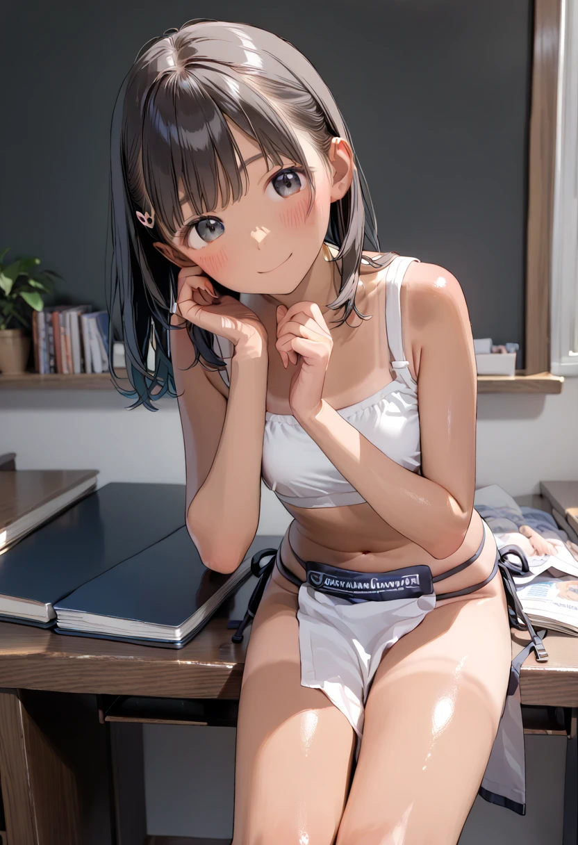 Beautiful illustration、top-quality、超A high resolution、Professional、Cute  s、10years oldl、
string camisole、Sheer clothes、Show white panties、((Bitten underwear))、
cute crown、
Straight black hair、Okabo head、Aligned bangs、Well-groomed hair、Black eyes、Faces of schoolchildren、 on the face、
Small、nipple erect、pointed Nipple、a navel、Show me your pants、lovely thighs、glowing thigh、skinny legs、small hand and face、Face、
all-fours(Raise your buttocks)、open one's legs、One hand behind the head、
atlibrary、
on desk、