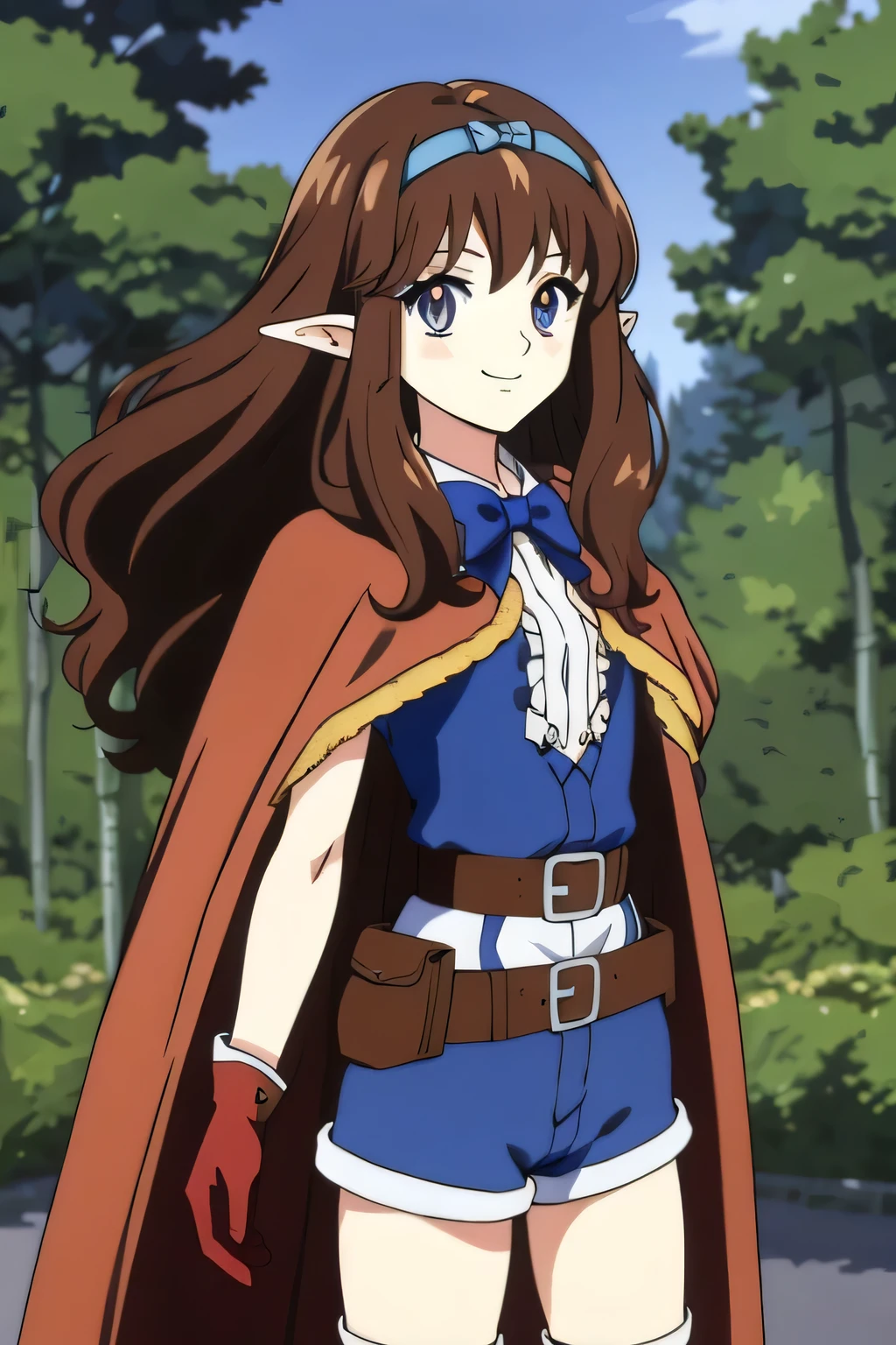 Ai shindou, masterpiece, Best Quality, Elf ,long hair, floating hair, brown hair, blue sea eye, deeper eyes, elf ears, hoods, blue cloak, blue lightly tunic, gloves, Belt bag, blue shorts, Cowboy Shot, cute smile, forest, Looking at Viewer,Hold the bow and arrow