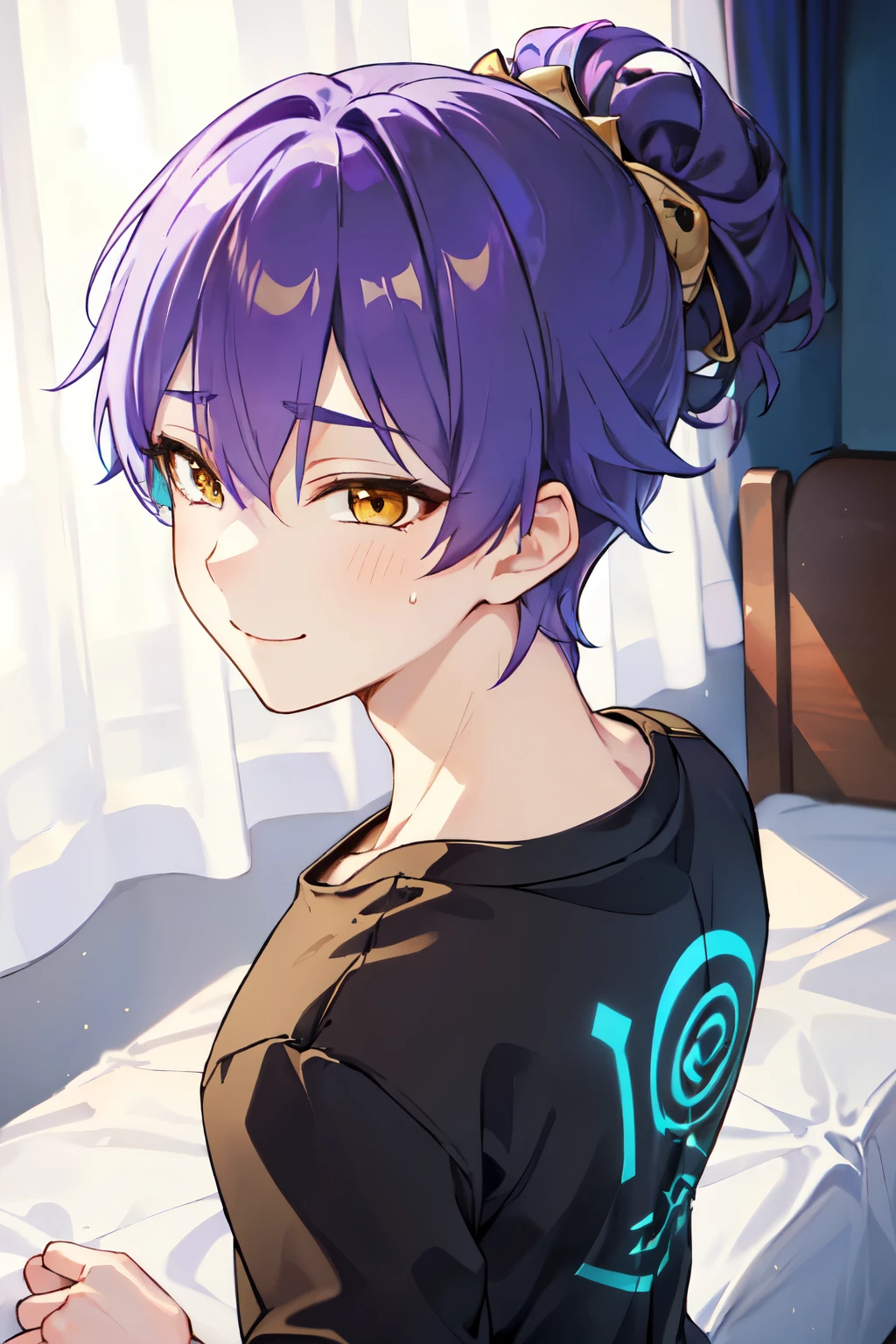 Age 20　 {{ 1 man、  jacket、 inner shirt 、　  bed　  smile、(((appearance:gold eye、Golden Eyes、 blue hair、 blue hair 、 purple gradationhair、Hair tied up、Hairstyle: all back 、all backhair、1 bundle 、)))Muscular、black sweatpants、Stern face、 is cool、Front up angle