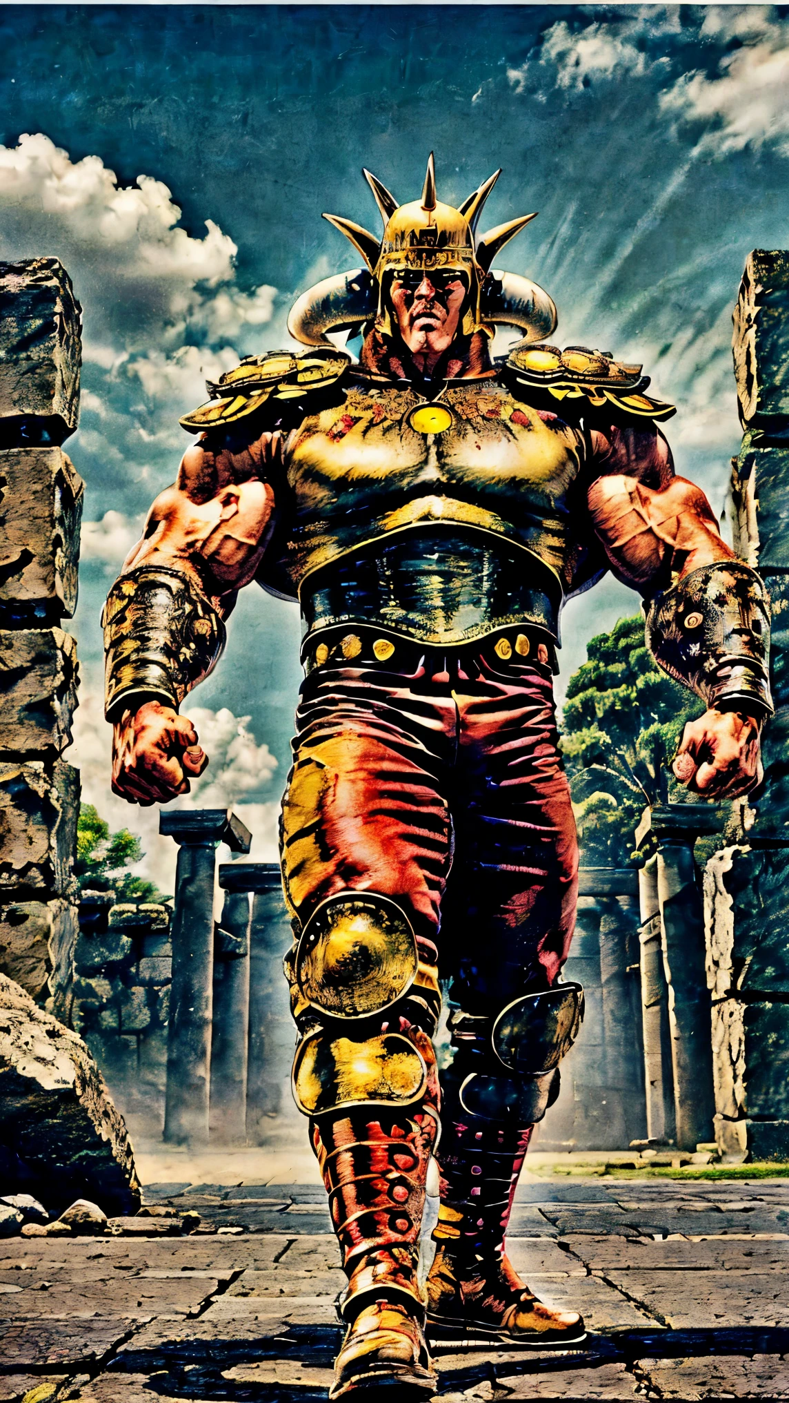 8K images、Raoh from Fist of the North Star(:1.5)、doping  、Muscular、 Leather Armor、pocket、 red cloak、 Fearless Confidence  、The face of hatred 、 Open Your Eyes Wide 、輝く瞳、  bodybuilder physique  、Ruins、strobe、  black background、whole body、  stand with feet shoulder-width apart 、  intense action pose  、Show me your palm、Combat pose、whole bodyから放電、 Overflowing fighting spirit 、戦場のRuins、 large circle with Sanskrit letters written on it、 wearing an aura 、Put out Kamehame waves