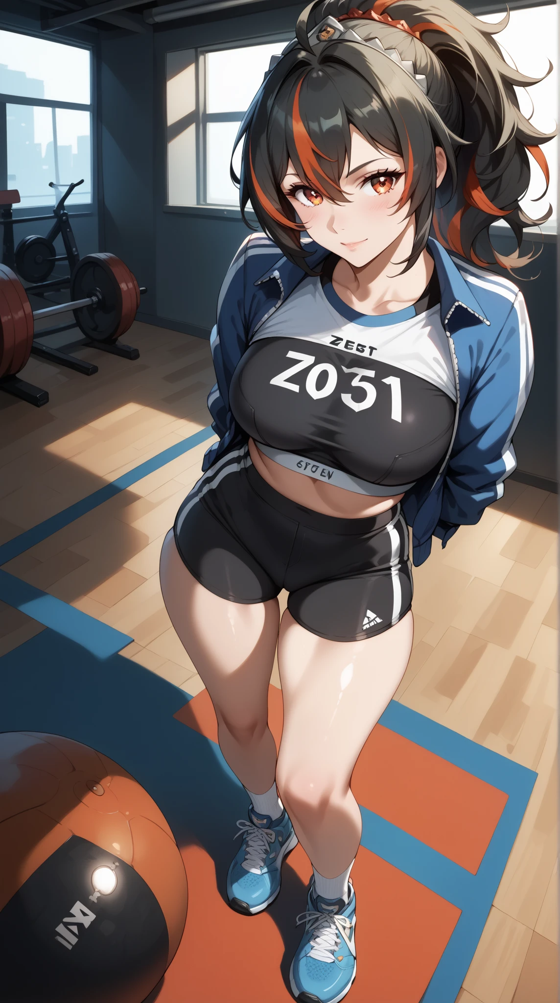 ((best quality)),no baground,white blank baground, masterpiece,full-body,stand up,nsfw,Zhu Yuan from Zenless Zone Zero, with ponytail hair featuring black hair, STREAKED HAIR AT THE MIDDLE HAIR. Perfect body ,large breasts, looking at viewer,sad eyes,smile,tsundere, ((sport bra)), arms behind back, showcasing long, enticing legs, cowboy shoot,front look