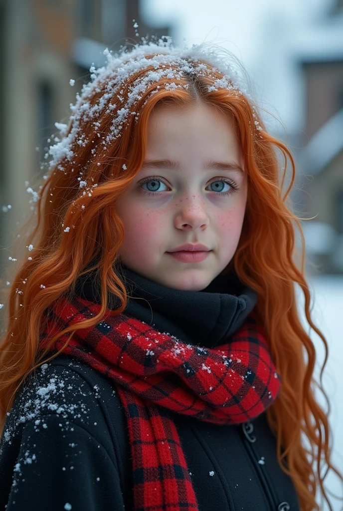 GIRLS CHILDREN, redhead WITH VERY LONG STRAIGHT HAIR, BLACK RUSSIAN STYLE WINTER UCHANKAS, red background.