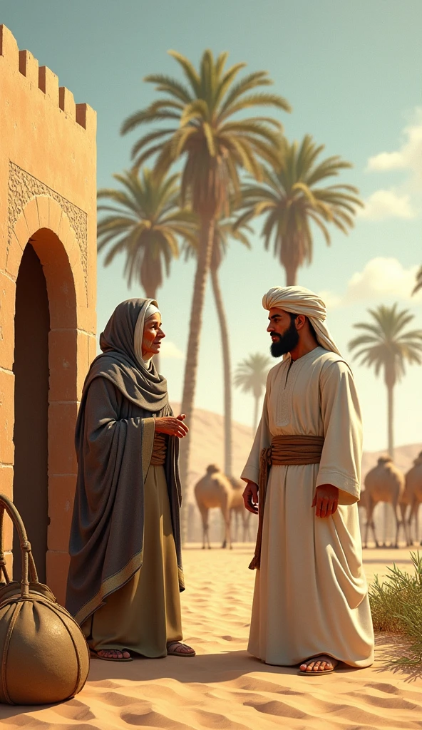 3D wallpaper of a handsome young Arab wearing a turban on his head, seen carrying his old mother behind him and wearing a headscarf in the desert of the holy land