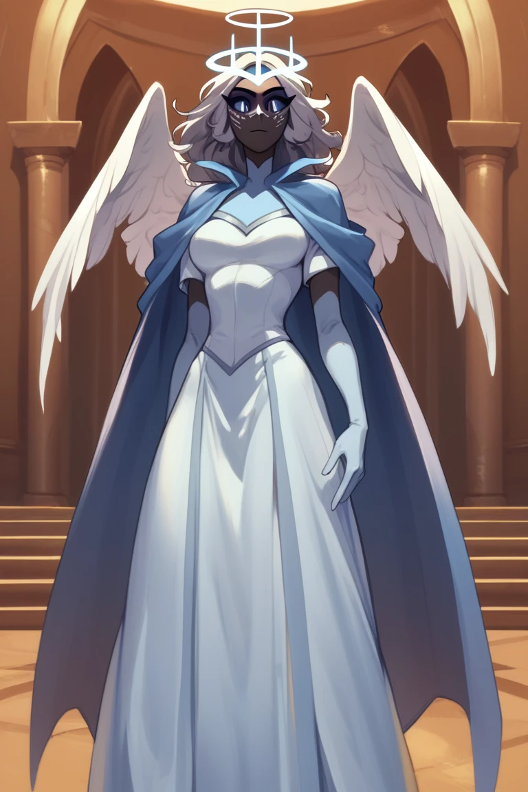 SeraHHXL, dark skin, colored skin, grey sclera, colored sclera, halo, glowing halo, angel wings, breasts, (solo), standing, blue cape, gloves, long skirt, dark blue long gloves, Masked Lute, looking at viewer, indoors