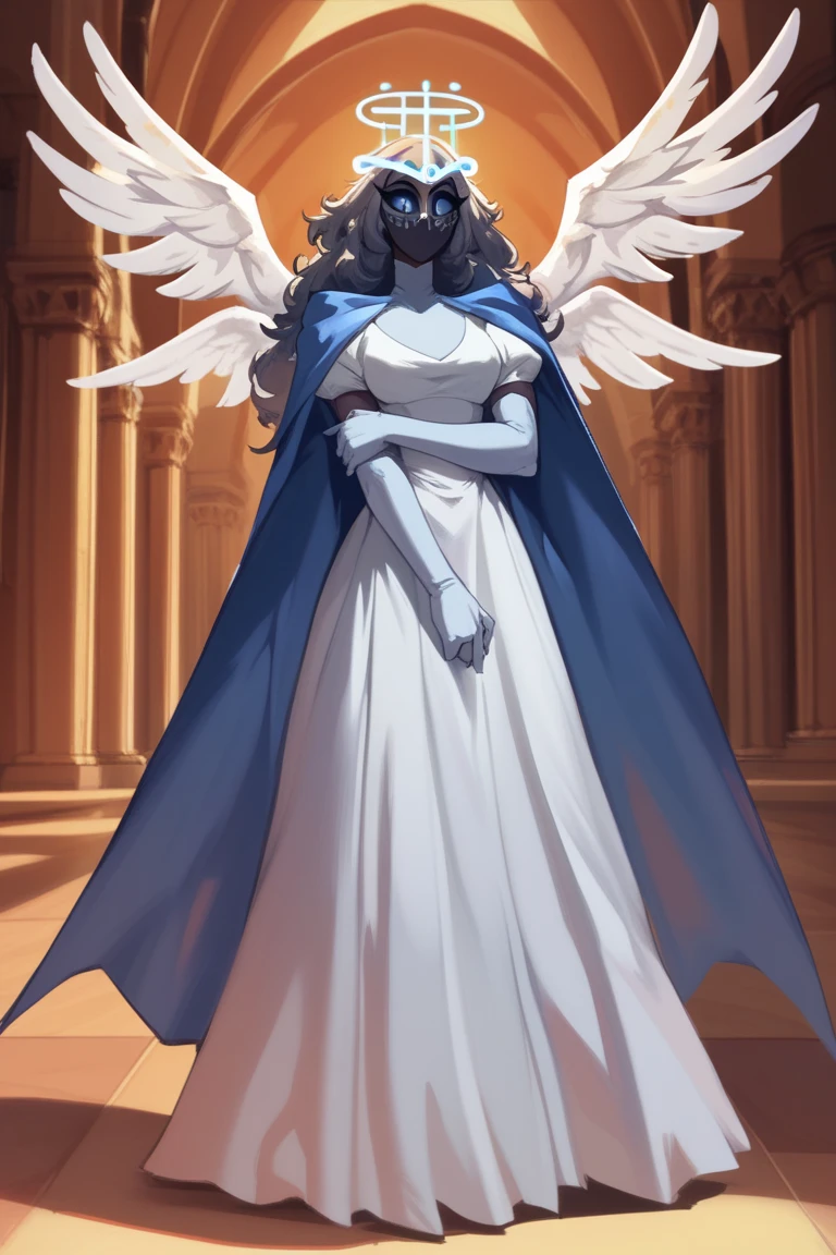 SeraHHXL, dark skin, colored skin, grey sclera, colored sclera, halo, glowing halo, angel wings, breasts, (solo), standing, blue cape, gloves, long skirt, dark blue long gloves, Masked Lute, looking at viewer, indoors