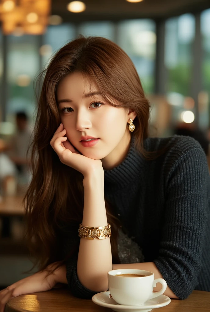 In a cozy corner of a bustling café, a young Korean woman sits at a round table, sunlight filtering through the large bay windows as dusk approaches. The warm, golden light casts gentle shadows on her face, illuminating her long, wavy brunette hair. Clad in a deep navy turtleneck and a vintage gold bracelet, she rests her chin on her clasped hands, gazing thoughtfully at the steaming cup of herbal tea before her. The blurred outlines of cafés fill the background, with patrons leisurely chatting and baristas crafting beverages, enveloping her in a lively yet soothing atmosphere.