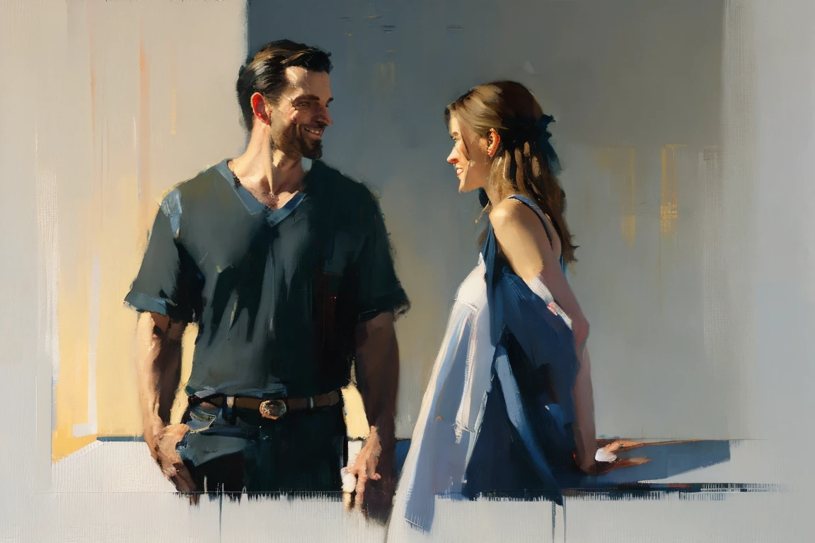 oil illustration by artist (Jeremy Mann:0.8) and Edwin Georgi, man (smirk:1.2) and (1girl) facing each other, t-shirt, dress, erotic tension, danger, fence, dusk country field americana, (cinematic composition, distant, low angle), highly detailed, masterpiece, high quality, intricate, professional, award-winning, highest quality, polished