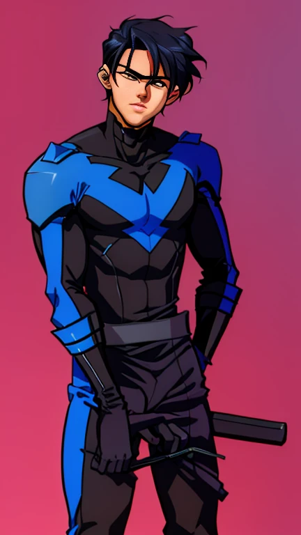  Nightwing Suit, Cute young man, Sexy Body, Tall, Shiny black hair, upright,    , 18 years old,      Toned and Muscular   ,  tall  ,  Sensual appearance,     Crotch Bulge   