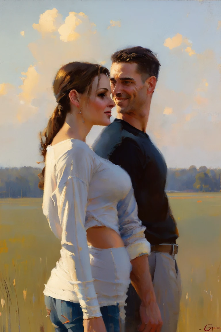 oil illustration by artist (Jeremy Mann:0.8) and Edwin Georgi, man (smirk:1.2) and (1girl) facing each other, t-shirt, dress, erotic tension, danger, fence, dusk country field americana, (cinematic composition, distant, low angle), highly detailed, masterpiece, high quality, intricate, professional, award-winning, highest quality, polished