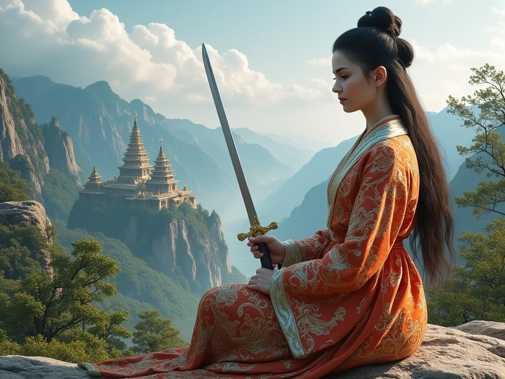 girl with long black hair, traditional Chinese hairstyle, sitting in the lotus position, Chinese traditional clothing, sword in hand, against the backdrop of mountains with a Buddhist temple