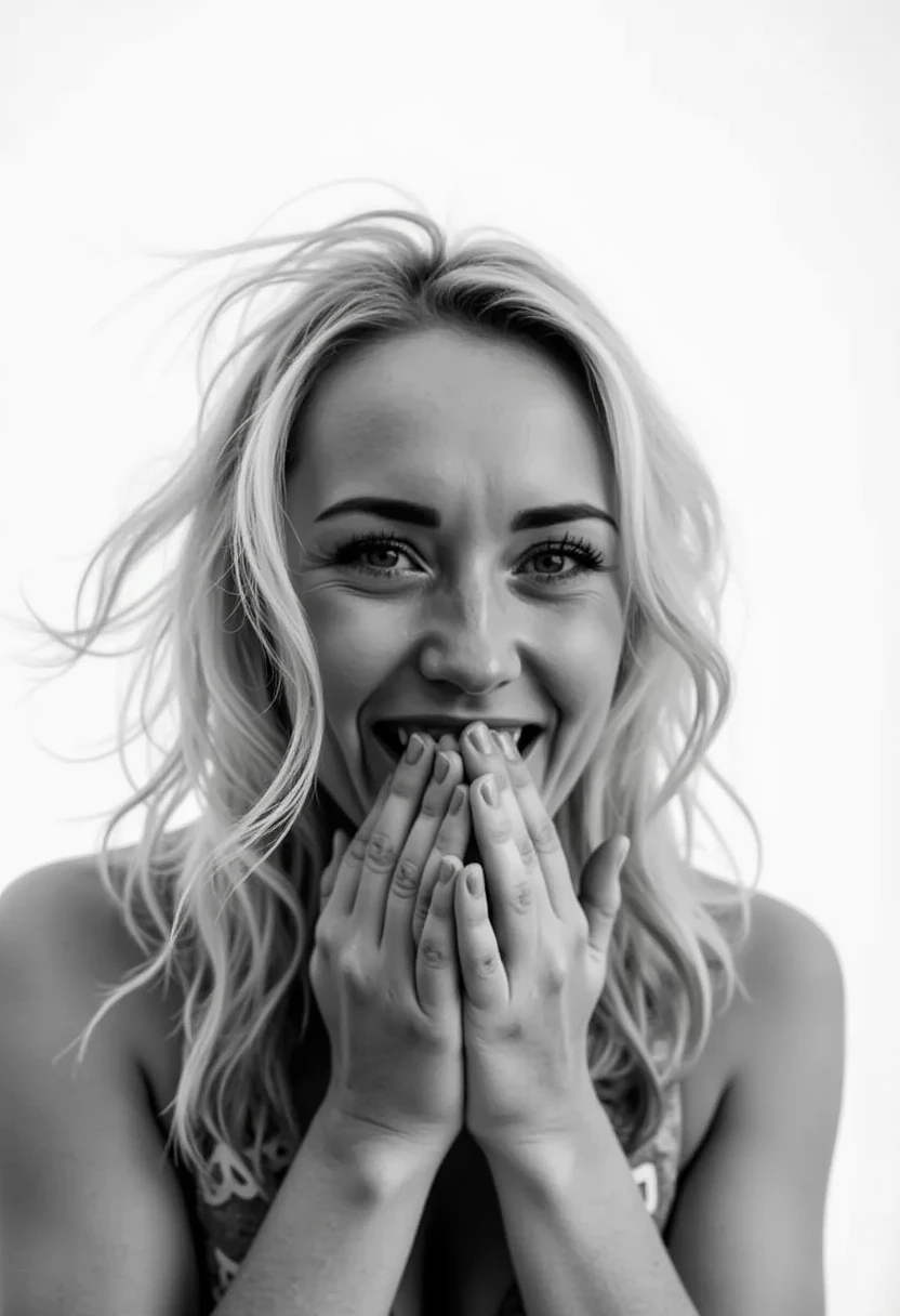 black and white extreme close-up photograph of a woman smiling and laughing, covering her mouth with her hands, staring at the viewer, light colored long tousled hair blowing in the wind, white background, overexposed