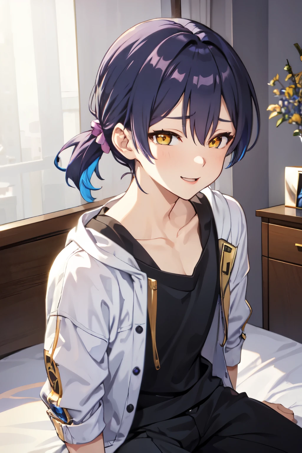 Age 20　 {{ 1 man、  jacket、 inner shirt 、　  bed　  smile、(((appearance:gold eye、Golden Eyes、 blue hair、blue colorhair、blue＆purple gradationhair、Hair tied up、Hairstyle: all back 、No bangs、all backhair、1 bundle 、)))Muscular、black sweatpants、Stern face、 is cool、 frontal angle、Close-up 、Thick chest