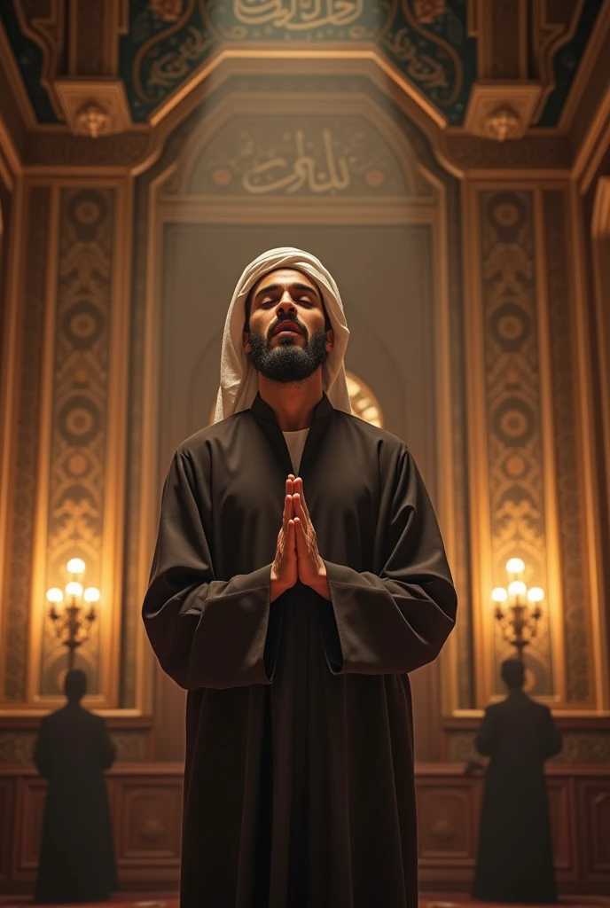 A high-resolution, realistic image of a masculine, semi-bald man with a semi-beard, wearing traditional Arabic attire, looking at the camera inside a mosque while praying to Allah.
