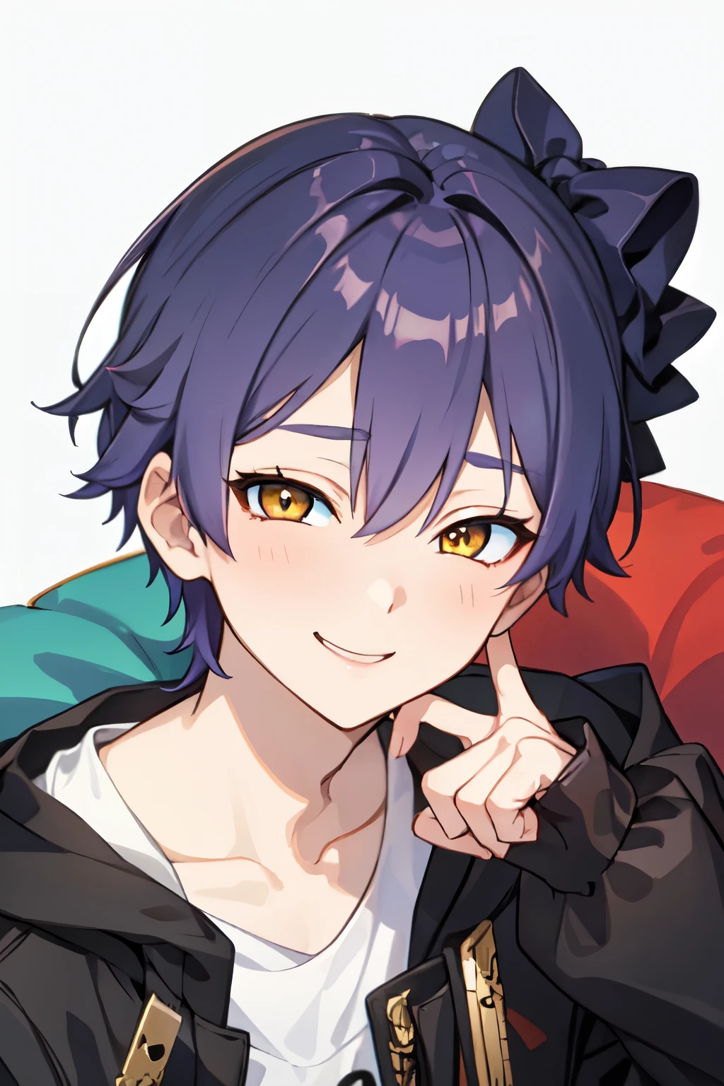 Age 20　 {{ 1 man、  jacket、 inner shirt 、living、sofa、 kind smile、(((appearance:gold eye、Golden Eyes、 blue hair、blue colorhair、blue＆purple gradationhair、Hair tied up、Hairstyle: all back 、No bangs、all backhair、1 bundle 、)))Muscular、black sweatpants、Stern face、 is cool、 frontal angle、Close-up 、