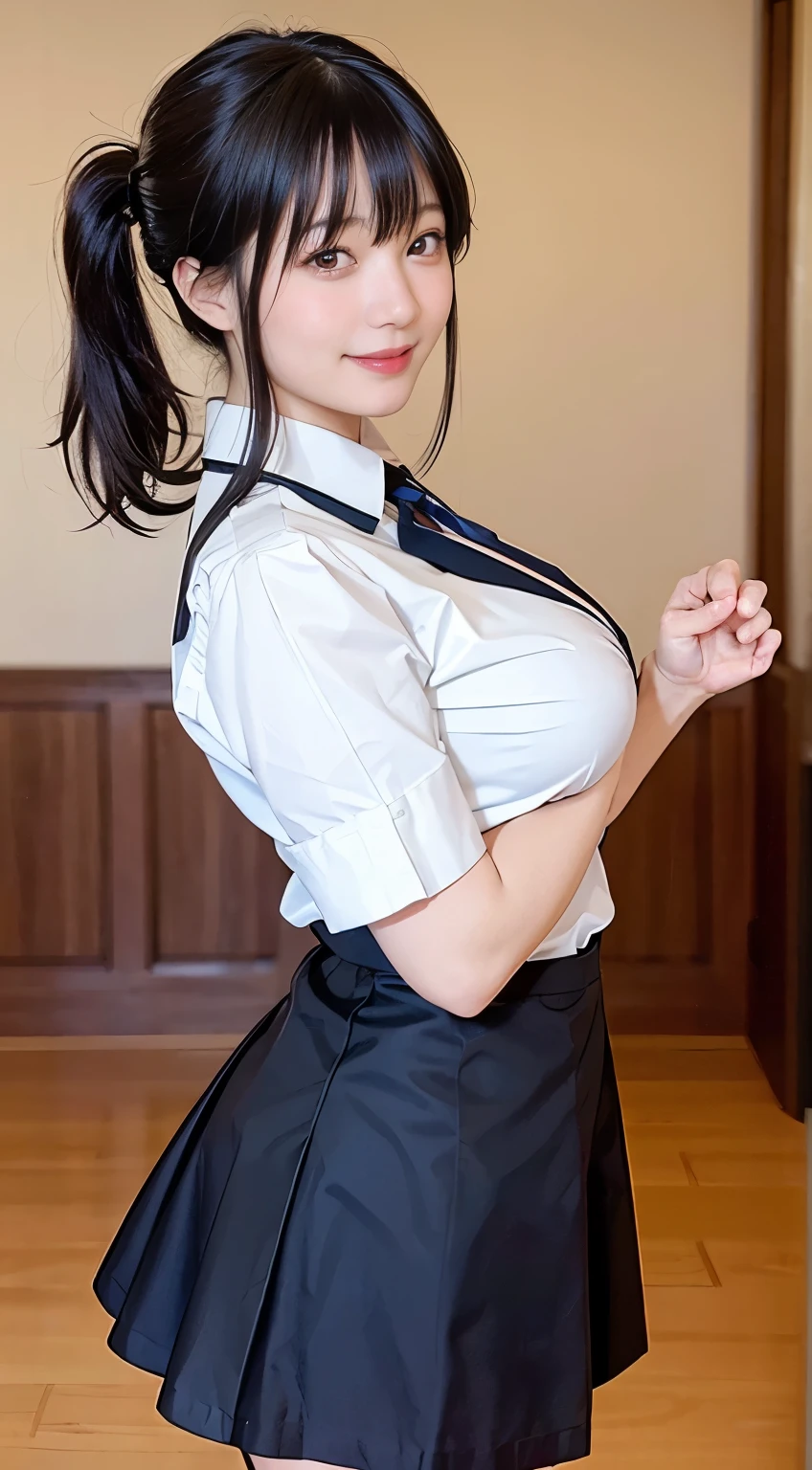 Indoor Hospital, 1 Female Soloner, /(Simple uniform/) /(Black medium hair/) Hair UP, ((((vulgarity)))), (masterpiece best quality:1.3) Delicate illustrations ultra-detailed high resolution, Large breasts,covered erectile nipples,