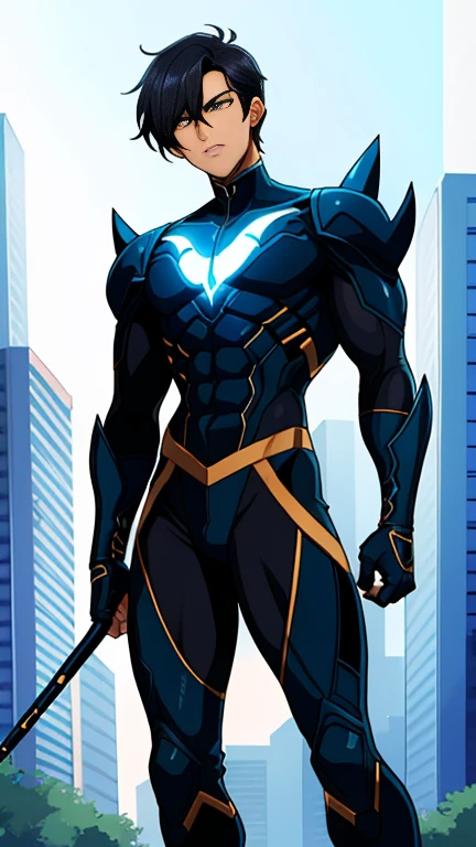  Nightwing Suit, Cute young man, Sexy Body, Tall, Shiny black hair, upright, 