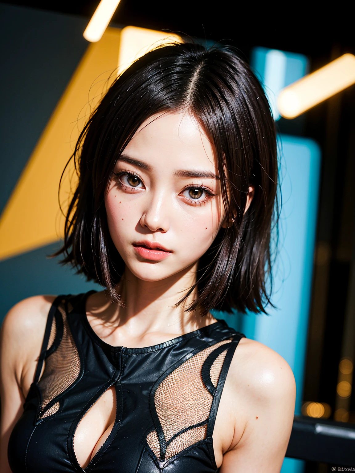 Highly detailed CG Unity 8k wallpaper, top quality, super detailed, masterpiece, 1. Beautiful girl in night club, close up of face, looking directly in camera, realistic, photorealistic, highly detailed cute girl, 20 years old, ((black hair: 1.4)), ((dyed black)), (gal), round eyes, a detailed face, Studio light, Professional lighting, (beautifully detailed eyelush, parted lips, semi-body shot, (nice dress for night club), ,short hair,