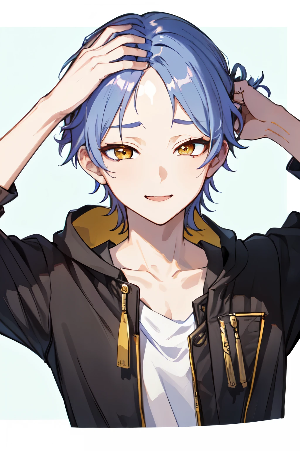 Age 20　 {{ 1 man、  jacket、 inner shirt 、living、sofa、 kind smile、(((appearance:gold eye、Golden Eyes、 blue hair、blue colorhair、blue＆purple gradationhair、Hair tied up、Hairstyle: all back 、No bangs、all backhair、1 bundle 、)))Muscular、black sweatpants、Stern face、 is cool、 frontal angle、Close-up 、((( will brush up his hair、Forehead Baring、)))、 manly