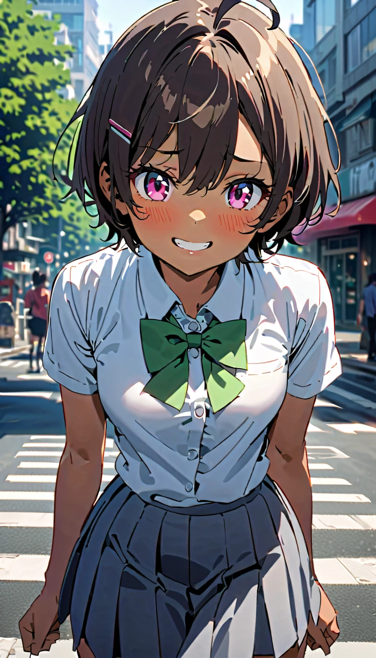 lemon yakishio, short hair, brown hair, ahoge, pink eyes, hair clip, hair between eyes, dark skin, dark-skinned female,skirt, shirt, bow, school uniform, white shirt, short sleeves, pleated skirt, bowtie, yellow bow, grey skirt, yellow bowtie, green bow, green bowtie,-------- solo focus, paiyama, tree, shibuya japan, 109 intersection, real world location, landscape, outdoors, building, ground vehicle, road, street, car, city, daytime Best Quality Background, High Resolution Background, Highly Detailed Background --((-happy smile, 1.3))),((Standing in the Middle of a Square 1.3))),((Waiting for Someone 1.3))),((Blushing and Embarrassed Expression 1.3)), miniature human hand, (((medium bust 1.3))), (((thin thighs 1.3))), perfect anatomy, perfect proportions, nice lighting, bright colors, clean lines, information, blurred, stunning facial expression, restless emotions, gorgeous and cute, beautiful face and eyes with every detail, (masterpiece) beautiful face, young and handsome girl, really perfect skin, blurred, facial expression, restless emotions, gorgeous and cute, beautiful face and eyes with every detail, (Audrey Hepburn), (cute), (J-POP idol), (thighs, (depth of field), (depth of detail), soft light, sparkling lens gaze, (droopy eyes)), straight teeth, shy smile, flowing hair,