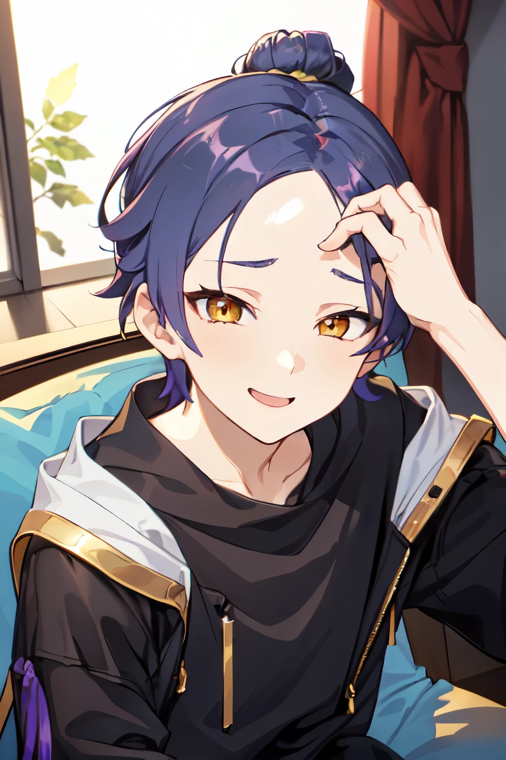 Age 20　 {{ 1 man、  jacket、 inner shirt 、living、sofa、 kind smile、(((appearance:gold eye、Golden Eyes、 blue hair、blue colorhair、blue＆purple gradationhair、Hair tied up、Hairstyle: all back 、No bangs、all backhair、1 bundle 、)))Muscular、black sweatpants、Stern face、 is cool、 frontal angle、Close-up 、((( will brush up his hair、Forehead Baring、)))、 manly