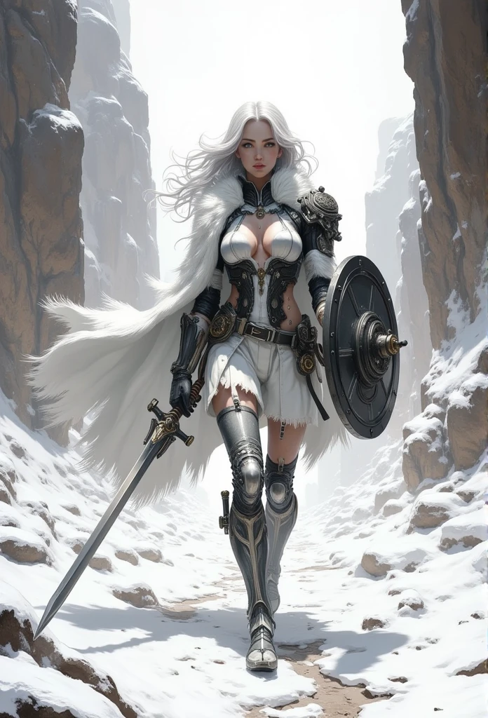 Manga style splash art in black and white. A heroic steampunk warrior in a winter setting, confidently advancing through a snowy landscape. She wears light but elegant armor, consisting of a metallic breastplate with gears and a torn fabric skirt, reinforced with leather details and thigh-high boots. Her shoulder is covered with a white fur cape to protect against the cold. In one hand, she holds a shimmering sword made of gears, ready to fight, and in the other, a round shield adorned with gears. Her long, wavy hair flies in the wind, and her gaze is determined. The background shows a snowy canyon surrounded by cliffs, with soft light illuminating the scene.