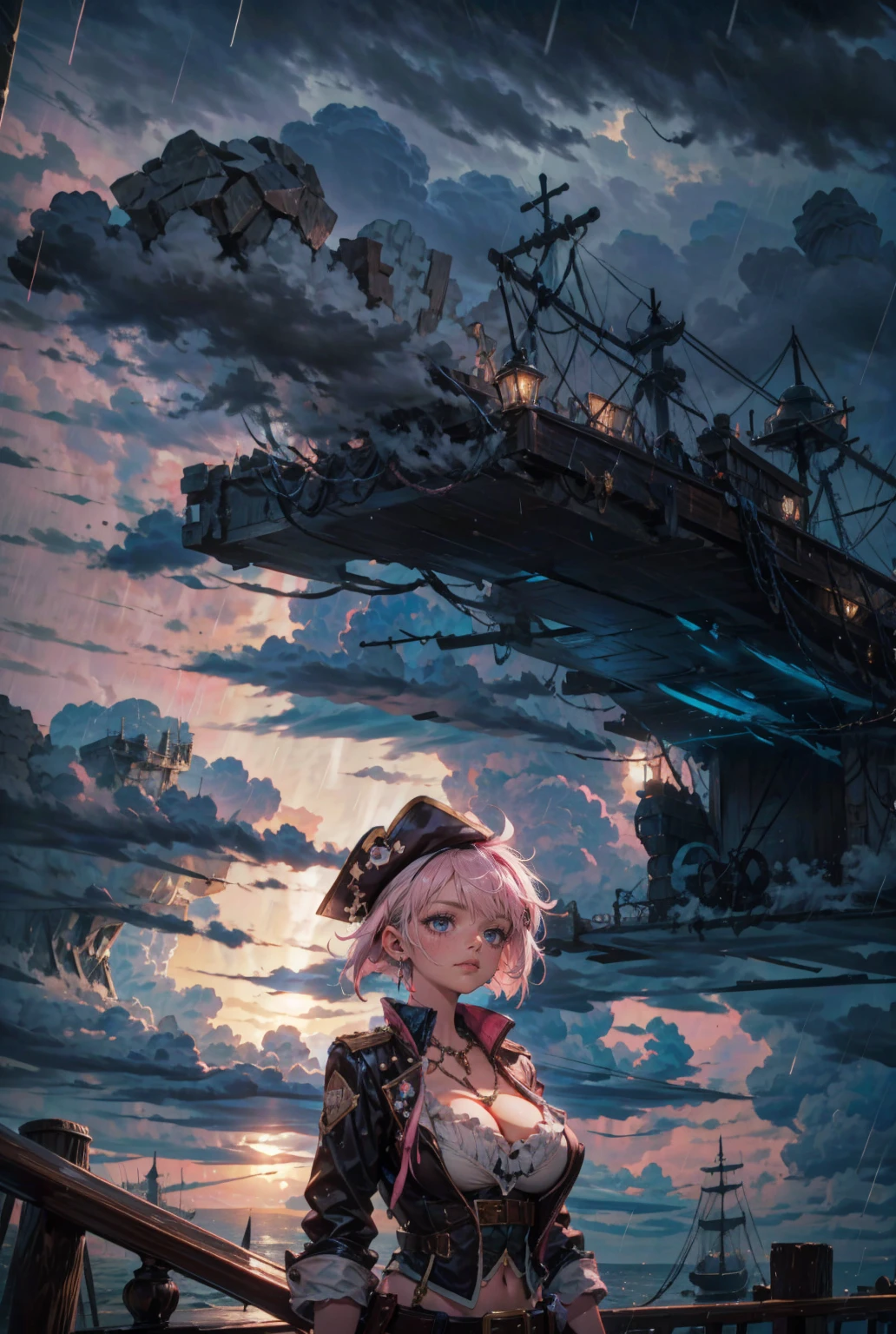 1lady,cool,solo,(((pink short hair,blue eyes))),gigantic breast,cleavage,pirate,pirates clothes,pirates hat,upper body,
on the pirate ship,at sea,bad weather,cloudy,heavy rain,stormy weather,