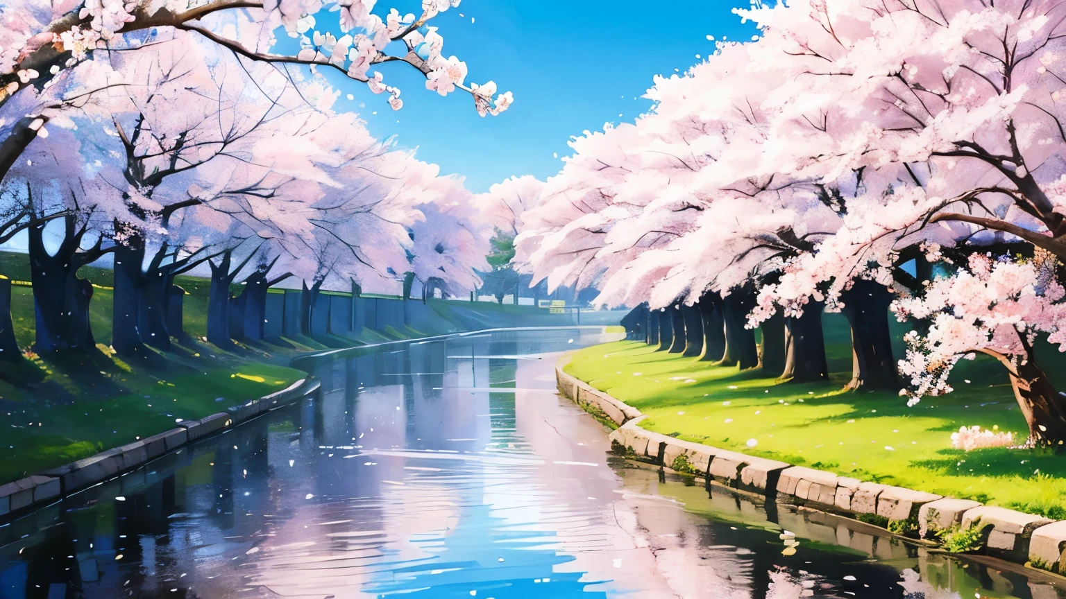 Spring Scene。 riverside lined with cherry blossoms。Flowers are in full bloom 。 and the petals are dancing。