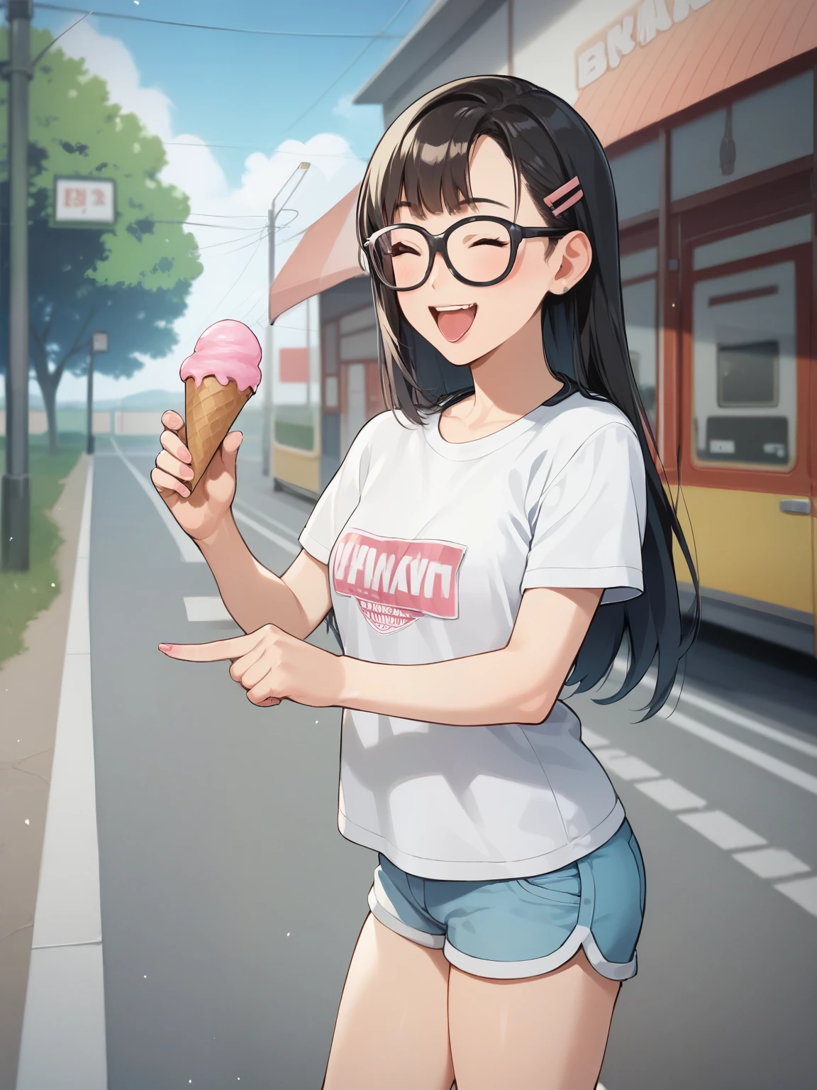  score_9,  score_8_up,  score_7_up,  score_6,  score_5_up,  score_4_upanime break， very young girl ， short， **ddler figure ， It's a portrait of an Asian teenage girl 、 I'm wearing glasses , Laugh with joy.  She has a light pink oversized t-shirt and white shorts I'm wearing underpants，In her right hand she holds a mint-flavored ice cream cone,  Her left hand is prickly pecking her cheek with her index finger ， with a camera hanging around her neck .  The background depicts a railway ，Bright sky and white clouds .  The scene is set in pastel tones ,  creates a bright and fun atmosphere .