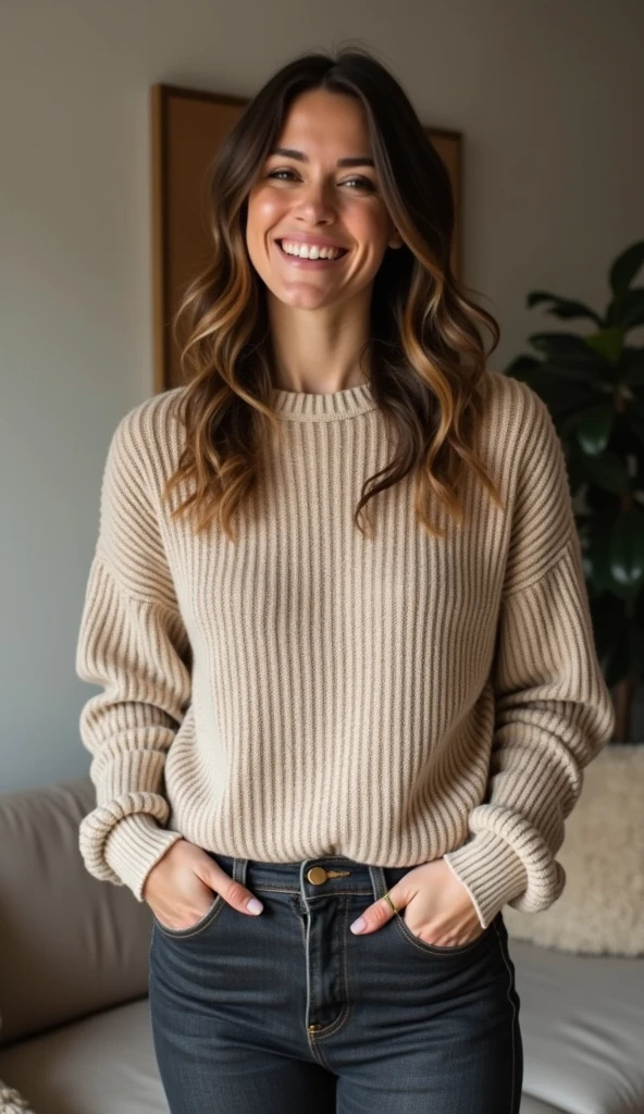 A very pretty pale skinned 21 year old girl, light brown hair sits in a vintage bookstore, standing in shop, she wears white sweater and denim jeans smiling ready to help you the customer