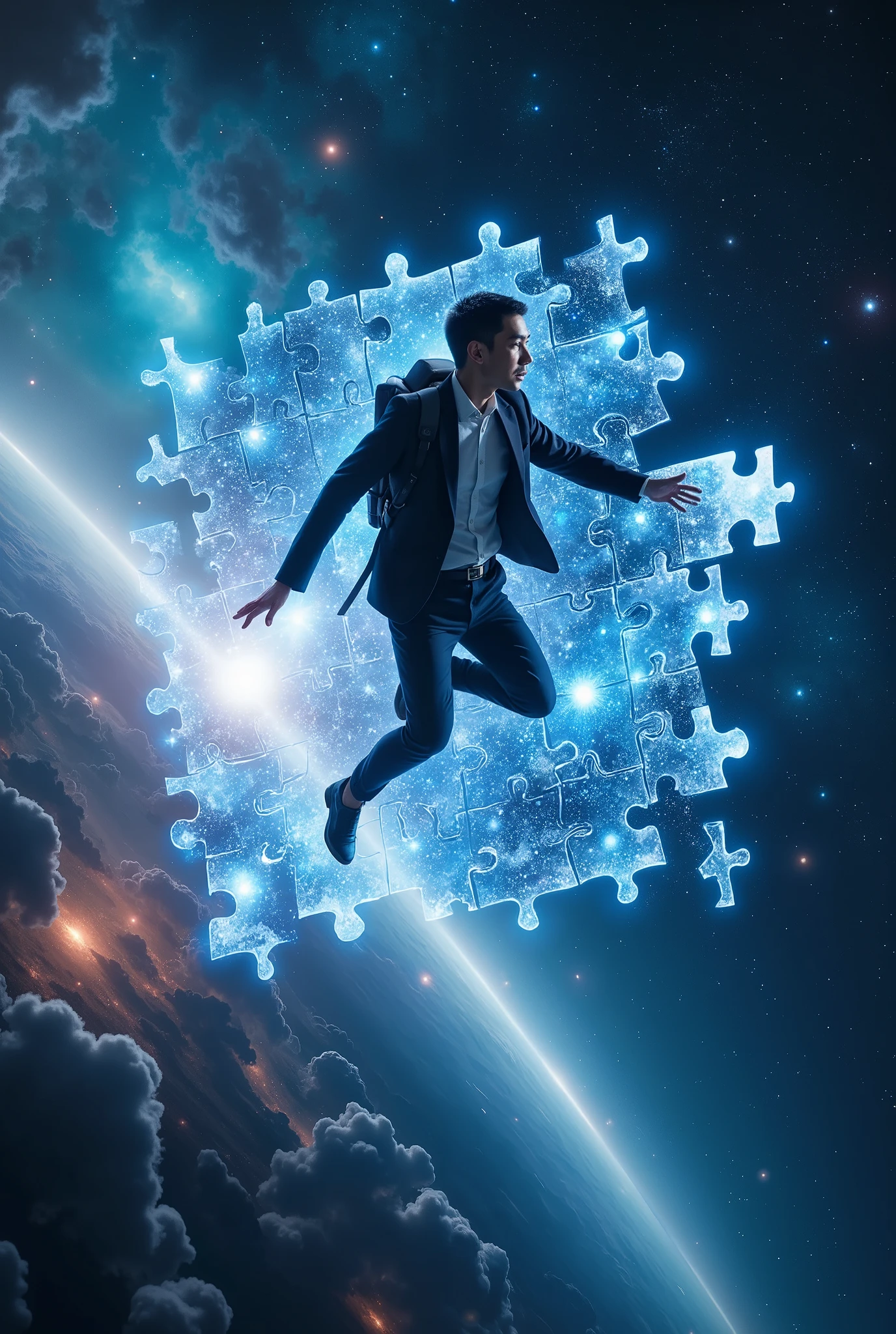 asian business man wearing a suit with jetpack flying in the galactic sky playing a giant jigsaw puzzle in hologram and its neatly arranged fit to each other, 11 piece of jugsaw puzzle, (front view:1.3), (close up:1.2), galaxy, holographic, fantasy, sci-fi, dynamic angle, cinematic angle, dramatic effect, dramatic lighting