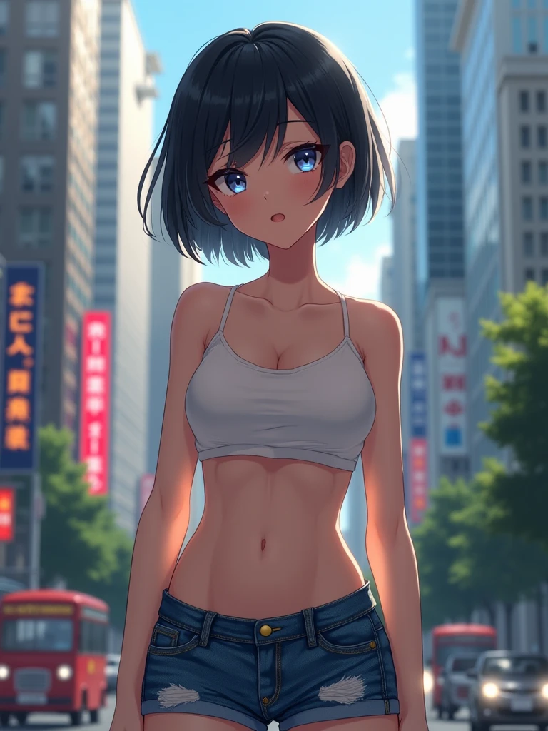 hight resolution, top-quality, ultra-quality, The ultra-detailliert, lighting like a movie、Woman in short shorts、In the street、Short tank top、Cool pose、