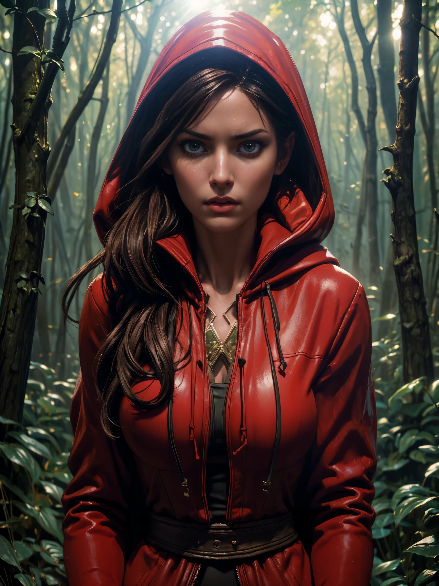 close-up portrait of NewLaraCroft in a forest, (backlight), realistic, masterpiece, highest quality, ((red hooded cloak)), ((scared )), lens flare, shadow, bloom, (( flashes of light)), [chromatic aberration], by Jeremy Lipking, by Antonio J. Manzanedo, by (Alphonse Mucha), digital painting