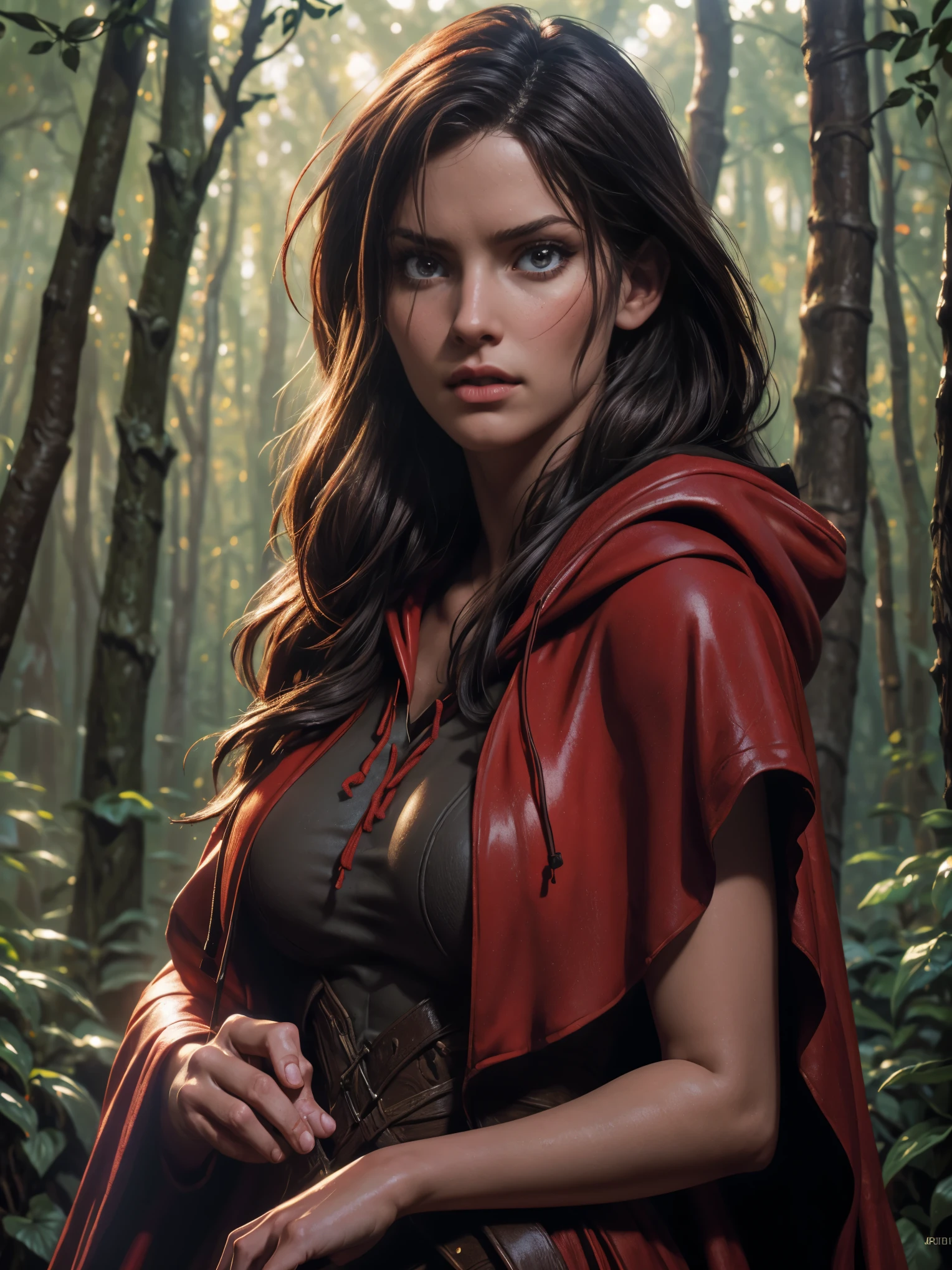 close-up portrait of NewLaraCroft in a forest, (backlight), realistic, masterpiece, highest quality, ((red hooded cloak)), ((scared )), lens flare, shadow, bloom, (( flashes of light)), [chromatic aberration], by Jeremy Lipking, by Antonio J. Manzanedo, by (Alphonse Mucha), digital painting