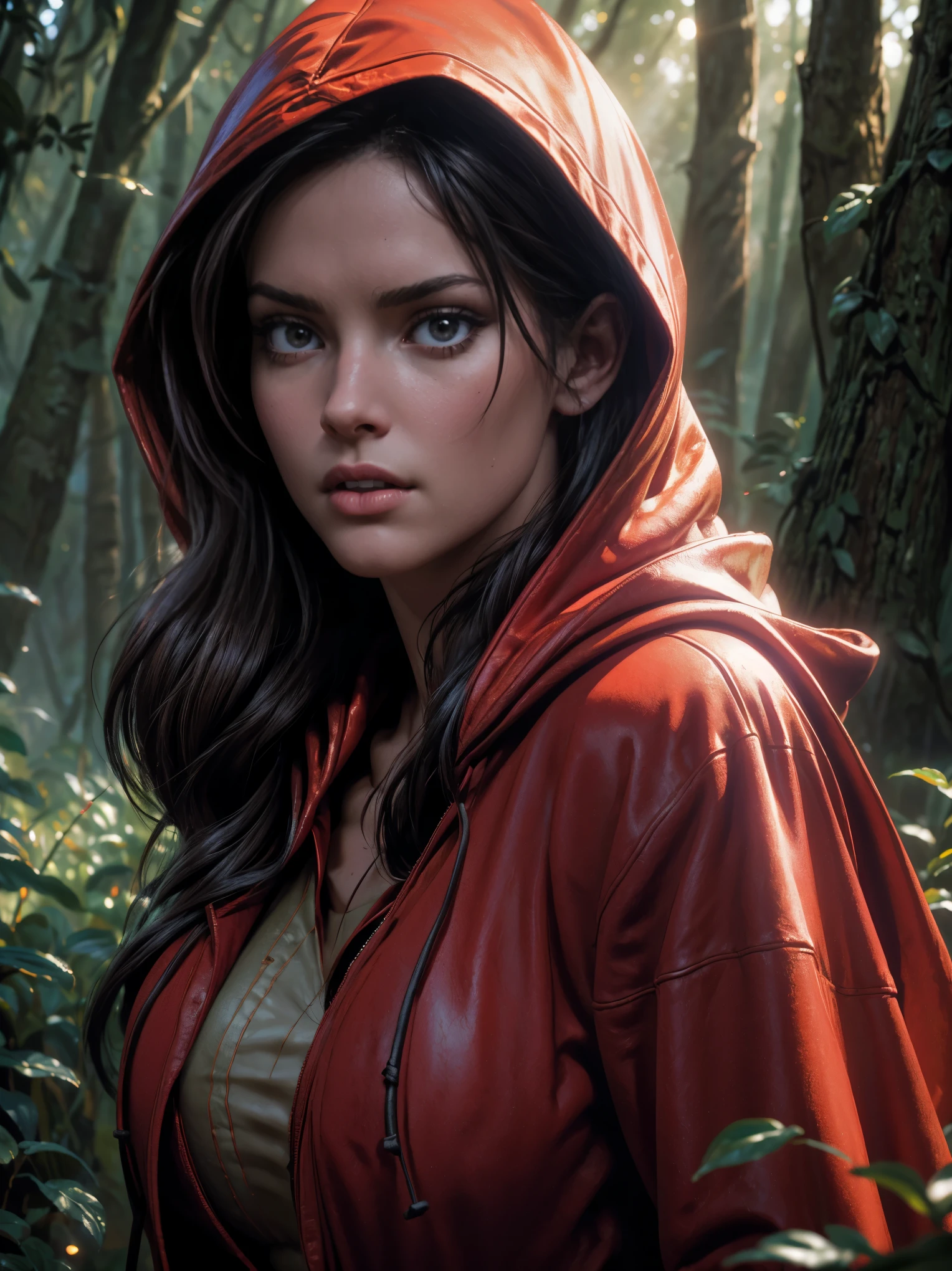 close-up portrait of NewLaraCroft in a forest, (backlight), realistic, masterpiece, highest quality, ((red hooded cloak)), ((scared )), lens flare, shadow, bloom, (( flashes of light)), [chromatic aberration], by Jeremy Lipking, by Antonio J. Manzanedo, by (Alphonse Mucha), digital painting