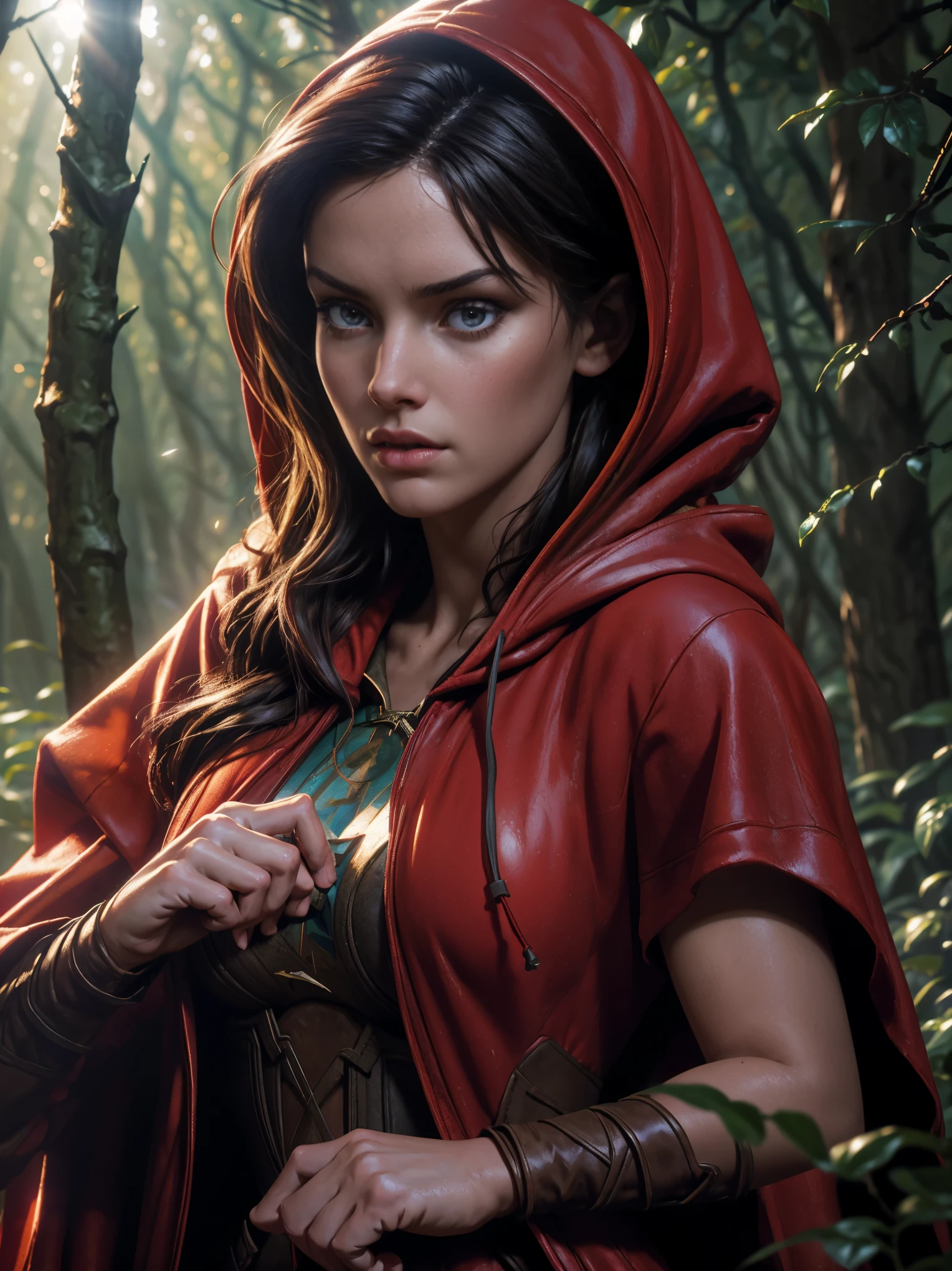 close-up portrait of NewLaraCroft in a forest, (backlight), realistic, masterpiece, highest quality, ((red hooded cloak)), ((scared )), lens flare, shadow, bloom, (( flashes of light)), [chromatic aberration], by Jeremy Lipking, by Antonio J. Manzanedo, by (Alphonse Mucha), digital painting