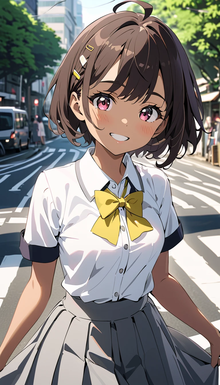 lemon yakishio, short hair, brown hair, ahoge, pink eyes, hair clip, hair between eyes, dark skin, dark-skinned female,skirt, shirt, bow, school uniform, white shirt, short sleeves, pleated skirt, bowtie, yellow bow, grey skirt, yellow bowtie, green bow, green bowtie,-------- solo focus, paiyama, tree, shibuya japan, 109 intersection, real world location, landscape, outdoors, building, ground vehicle, road, street, car, city, daytime Best Quality Background, High Resolution Background, Highly Detailed Background --((-happy smile, 1.3))),((Standing in the Middle of a Square 1.3))),((Waiting for Someone 1.3))),((Blushing and Embarrassed Expression 1.3)), miniature human hand, (((medium bust 1.3))), (((thin thighs 1.3))), perfect anatomy, perfect proportions, nice lighting, bright colors, clean lines, information, blurred, stunning facial expression, restless emotions, gorgeous and cute, beautiful face and eyes with every detail, (masterpiece) beautiful face, young and handsome girl, really perfect skin, blurred, facial expression, restless emotions, gorgeous and cute, beautiful face and eyes with every detail, (Audrey Hepburn), (cute), (J-POP idol), (thighs, (depth of field), (depth of detail), soft light, sparkling lens gaze, (droopy eyes)), straight teeth, shy smile, flowing hair,