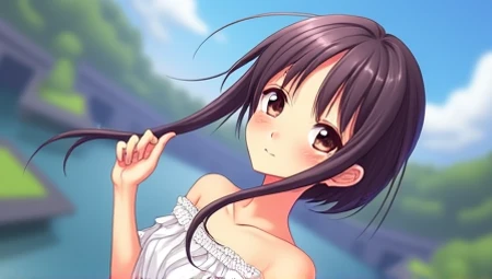 {clovers}, sky background, clouds, (upper body, 8k wallpaper, cg), {1girl}, grass, {{{dark blue hair, blue eyes, hair ornaments}}}, smile, (masterpiece)