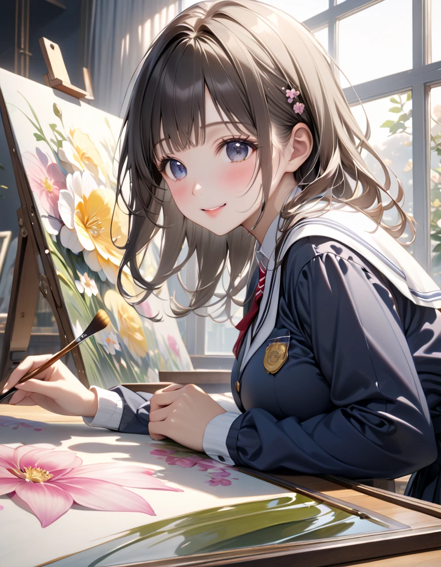 (masterpiece, ultra-detailed, best quality, clear focus, dramatic scene, cinematic), shadow, (ultra-high resolution, 8k), perfect anatomy, perfect face, (detailed face, detailed eye), cute Japanese girl, famous Japanese idol, very beautiful and cute and cool face, (wearing a cute Japanese high school long sleeve uniform:1.3), (large breasts), at the high school art classroom, (She is drawing very realistic large flowers on the large canvas:1.3), Flowers in a vase are placed on the table as a model for the painting, oil painting, easel, holding a brush, window with curtain, looking back and smiling to viewers, professional lighting, (a large fat cat is sleeping by the vase), detailed cat