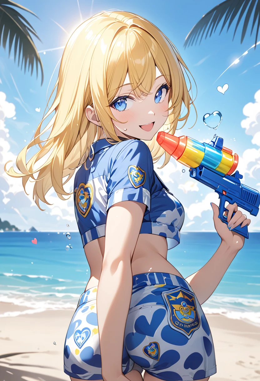 1 blonde girl, wearing a blue police print bikini, with a water gun in her right hand. and her left hand on her waist, winking with one eye, smiling provocatively, back pose, looking back, on the seashore, on the beach, with the sun's rays, focus on her cute blue eyes, heart emojis floating in the air, several men of all ages looking at her in love