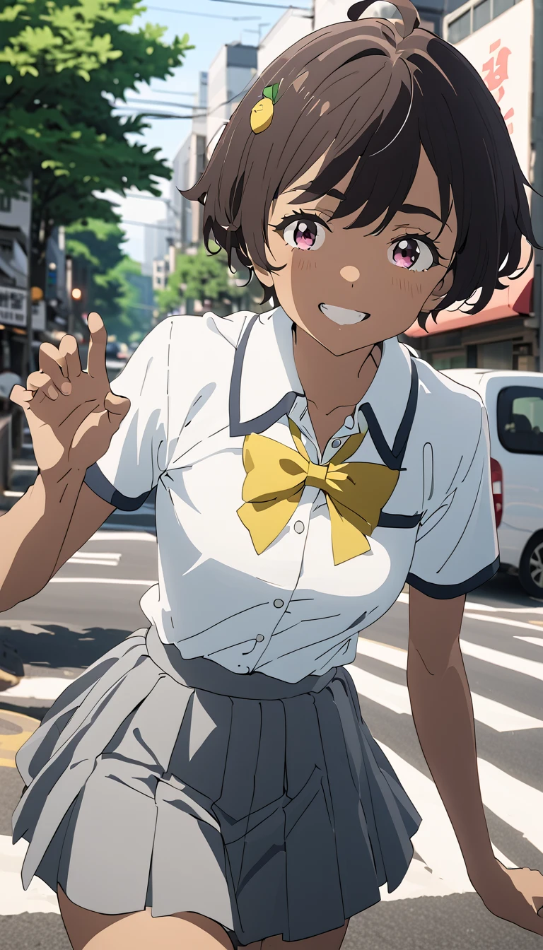 lemon yakishio, short hair, brown hair, ahoge, pink eyes, hair clip, hair between eyes, dark skin, dark-skinned female,skirt, shirt, bow, school uniform, white shirt, short sleeves, pleated skirt, bowtie, yellow bow, grey skirt, yellow bowtie, green bow, green bowtie,-------- solo focus, paiyama, tree, shibuya japan, 109 intersection, real world location, landscape, outdoors, building, ground vehicle, road, street, car, city, daytime Best Quality Background, High Resolution Background, Highly Detailed Background --((-happy smile, 1.3))),((Standing in the Middle of a Square 1.3))),((Waiting for Someone 1.3))),((Blushing and Embarrassed Expression 1.3)), miniature human hand, (((medium bust 1.3))), (((thin thighs 1.3))), perfect anatomy, perfect proportions, nice lighting, bright colors, clean lines, information, blurred, stunning facial expression, restless emotions, gorgeous and cute, beautiful face and eyes with every detail, (masterpiece) beautiful face, young and handsome girl, really perfect skin, blurred, facial expression, restless emotions, gorgeous and cute, beautiful face and eyes with every detail, (Audrey Hepburn), (cute), (J-POP idol), (thighs, (depth of field), (depth of detail), soft light, sparkling lens gaze, (droopy eyes)), straight teeth, shy smile, flowing hair,