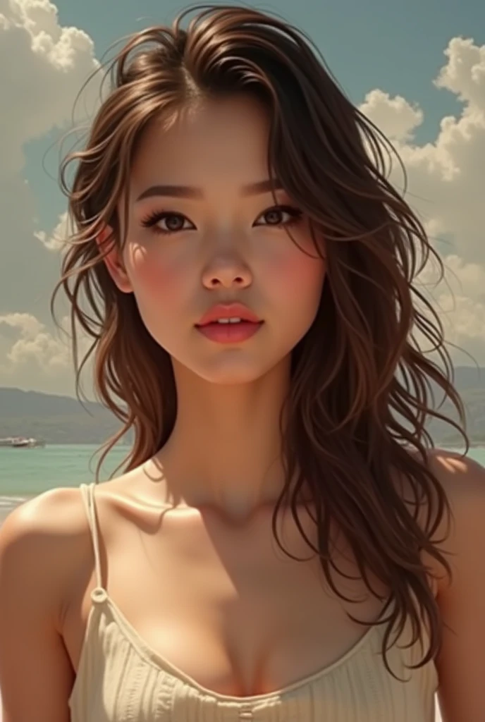((top-quality、16k、​masterpiece:1.3))、Canon EOS、RAW images、rialistic photo、1girl in、japanes、Hard nudity、No clothes、High school students、A-cup body shape、flat breast、Pretty women:1.3、A-cup、very slender body:2.8、(Longhaire、Super small breasts:1.2)、very flat chest、very slender body、Athlete Abs、Summer sandy beach、二重まぶた、fullllbody、A slender、model poses、Inter-strands、Slender figure、Hair in the wind、200mm telephoto lens、Delicate body、Very thin waist and waist